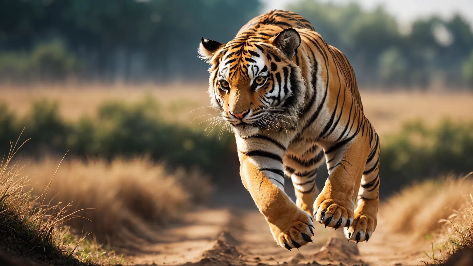 there is a tiger running along the dirt road in the wilds this image may be used for commercial purposes to create a photo effect and provide an interesting effect
