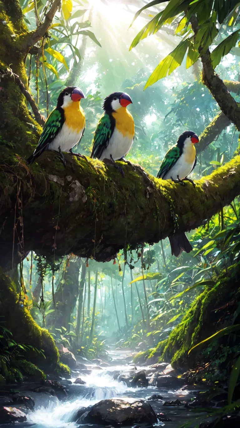 a couple birds sit on a branch above a stream of water in a lush green forest with sunlight streaming through the trees and a mossy mountain river
