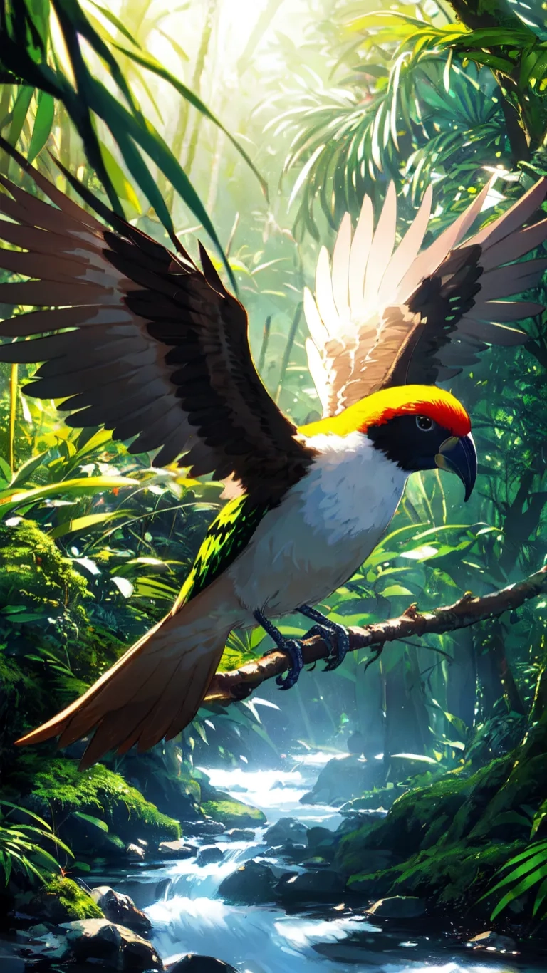 a jungle scene containing a colorful bird and stream in the jungle with a bright sun shining by some trees around it that's frame
