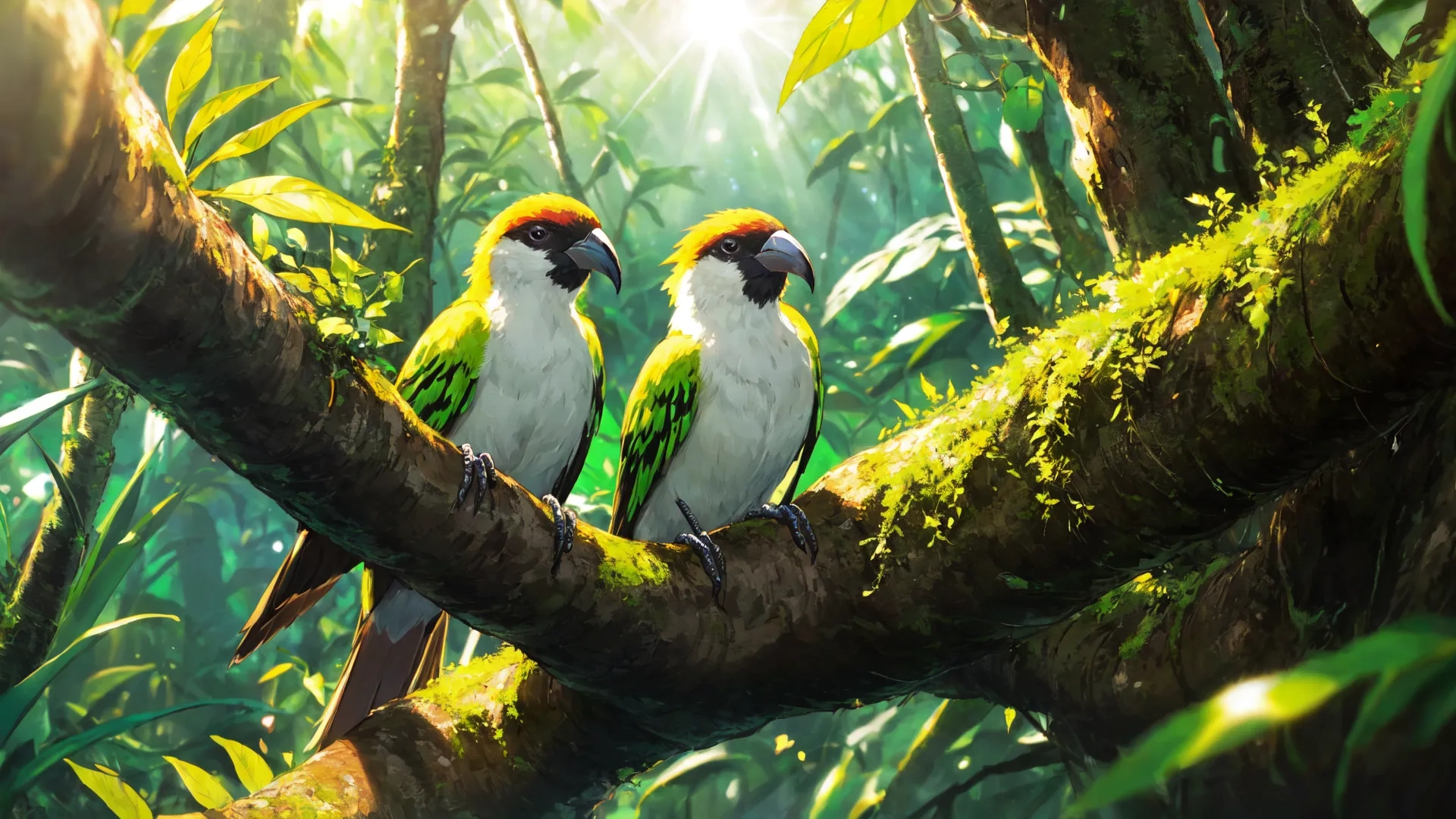 small green and yellow birds sitting on a branch in a forest with leaves background and sunlight streaming through them out a window, overhead,
