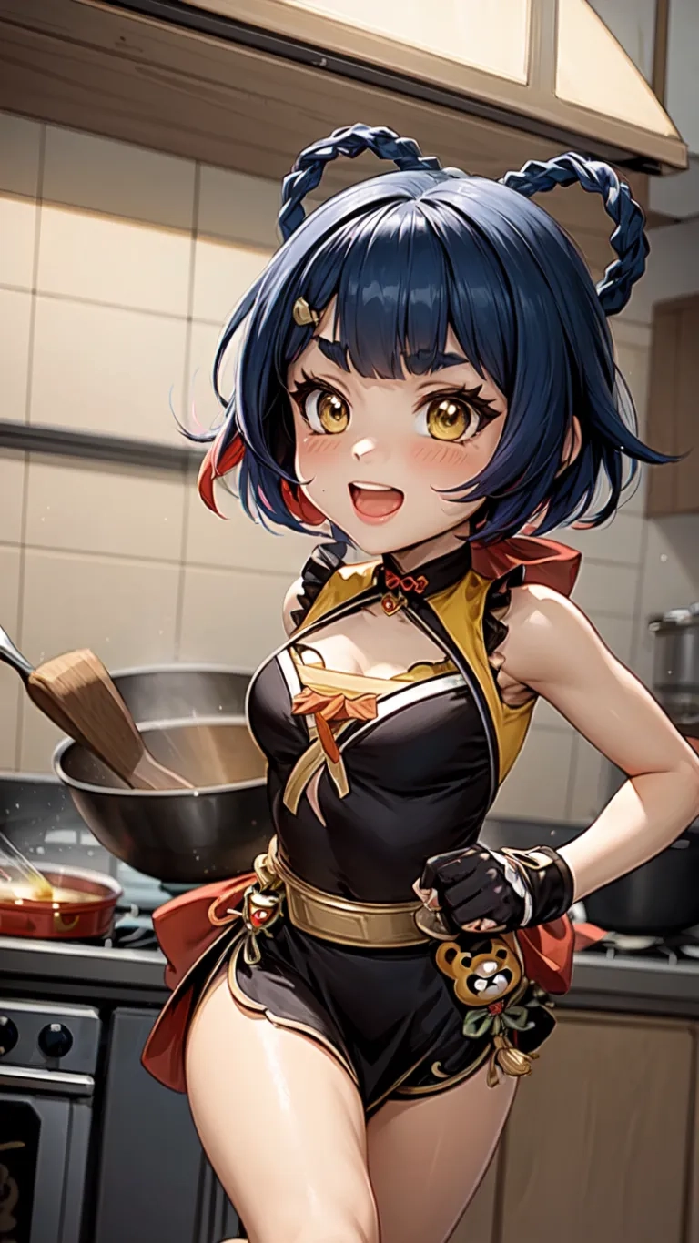 a woman with blue hair is dressed in a chef's uniform holding a skillet while standing in front of sheil's stove and pot
