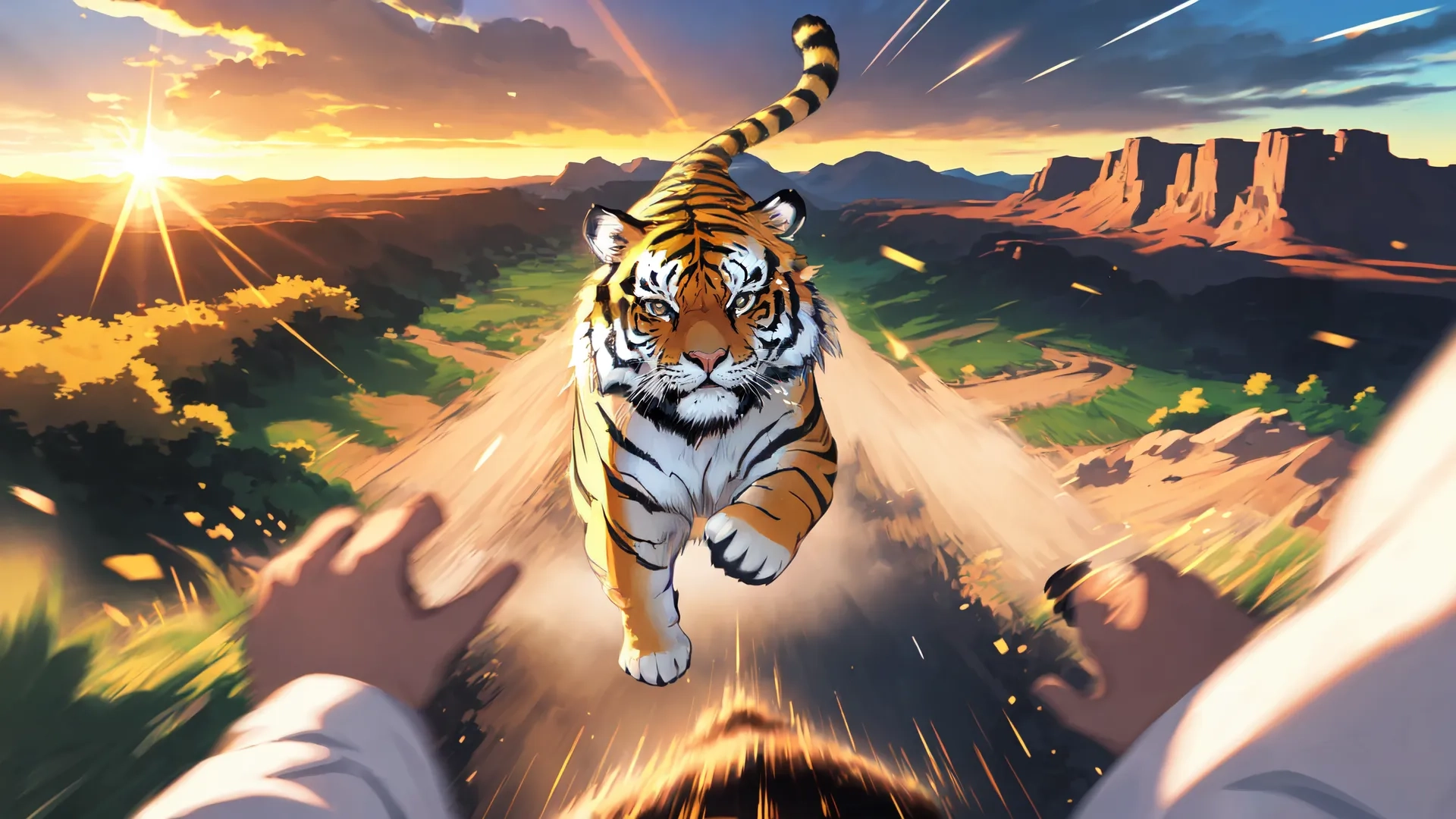 a drawing of someone pulling a tiger up onto the ground to jump in the air and catch it from behind an outstretched hand or on a field of grass
