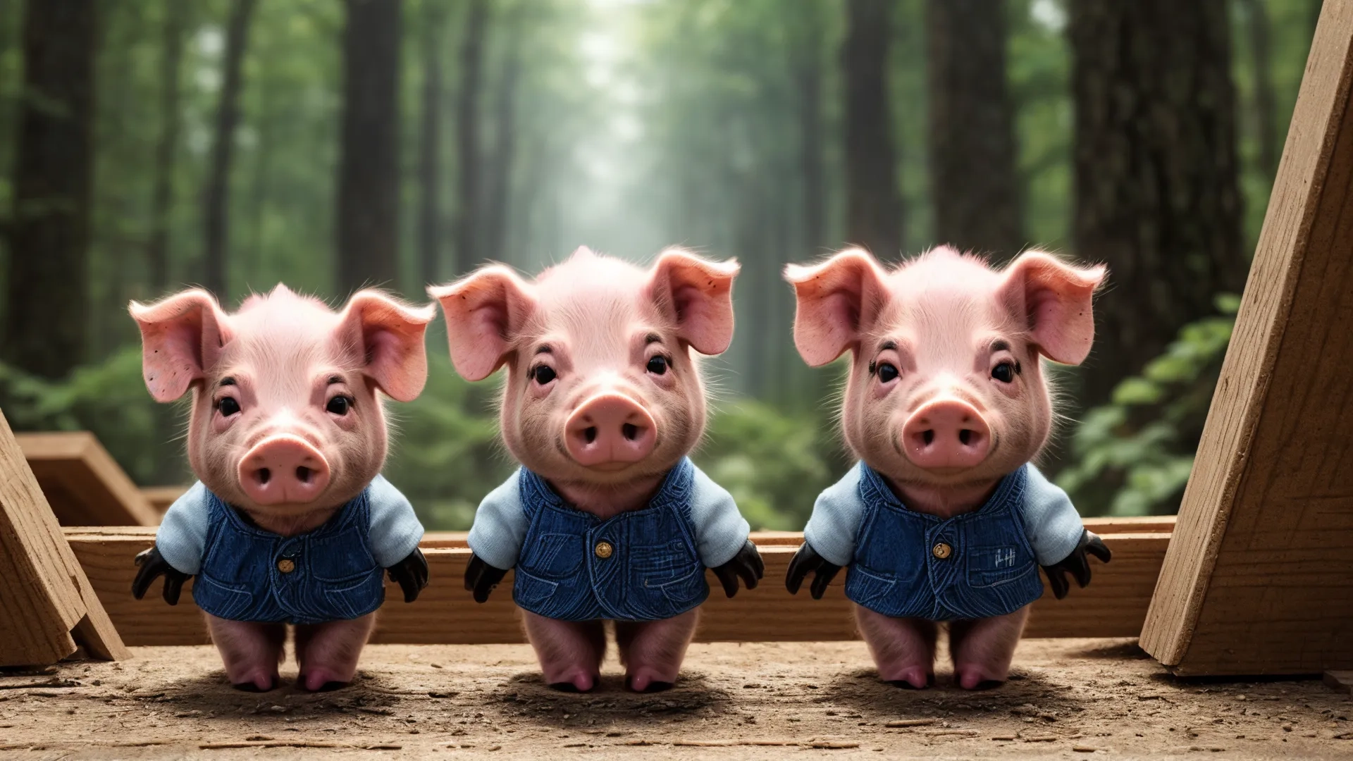 three little pigs in jeans poses with frames to their face on dirt ground with trees in background and foliage to them, all above them
