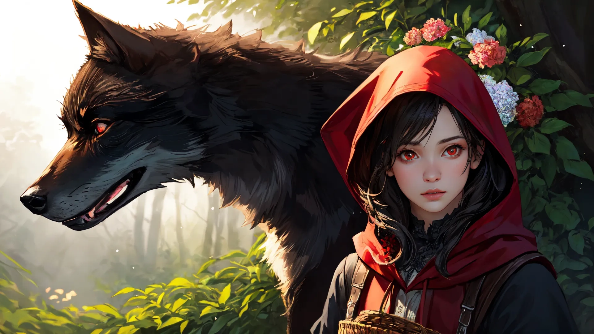 a wolf and a girl are standing among plants and trees by the woods in an art style illustration image depicting a child and a wolf
