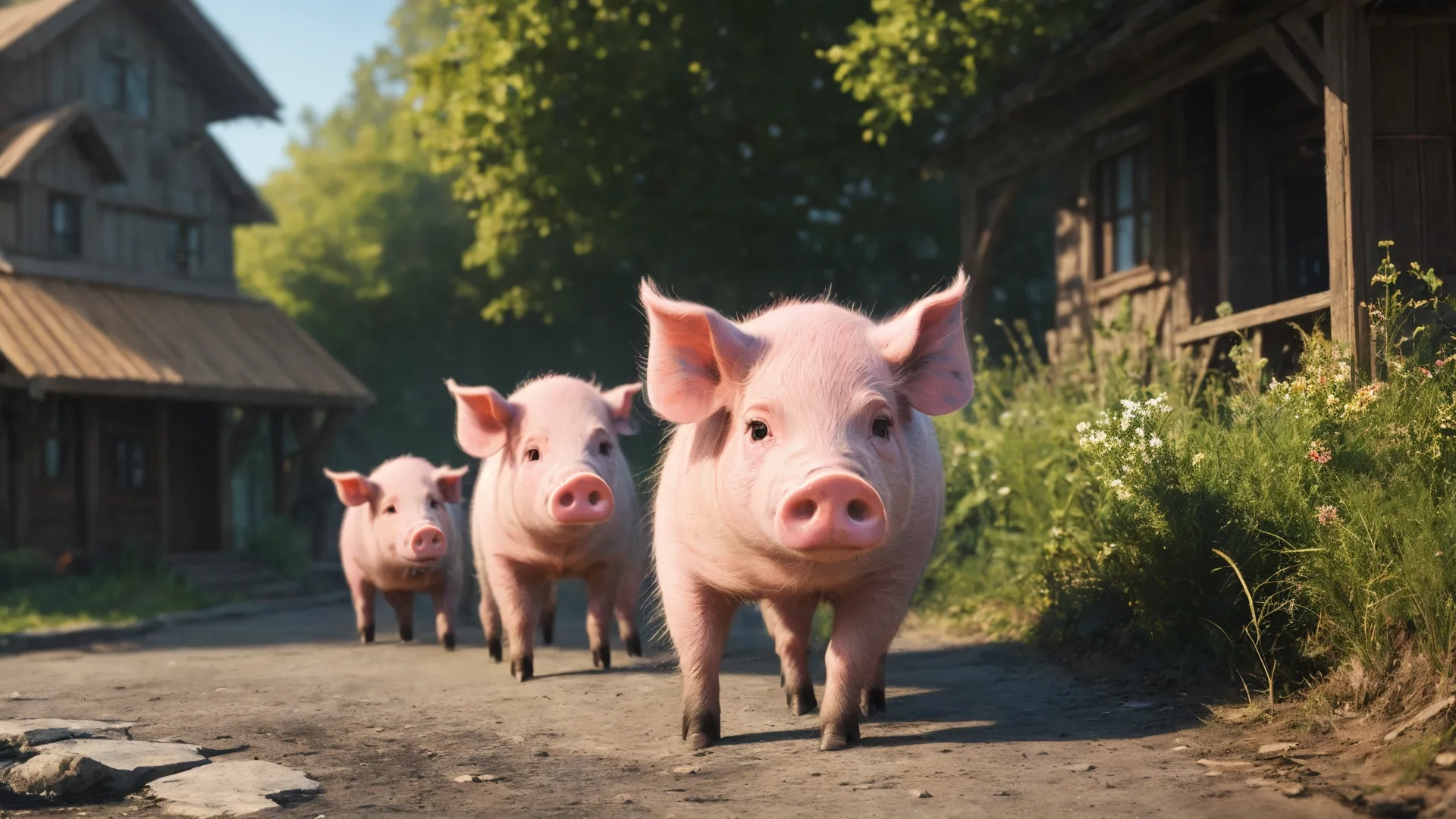 pink pigs are looking at the camera as they appear to be all walking in the middle of a dirt road near the barn building's driveway
