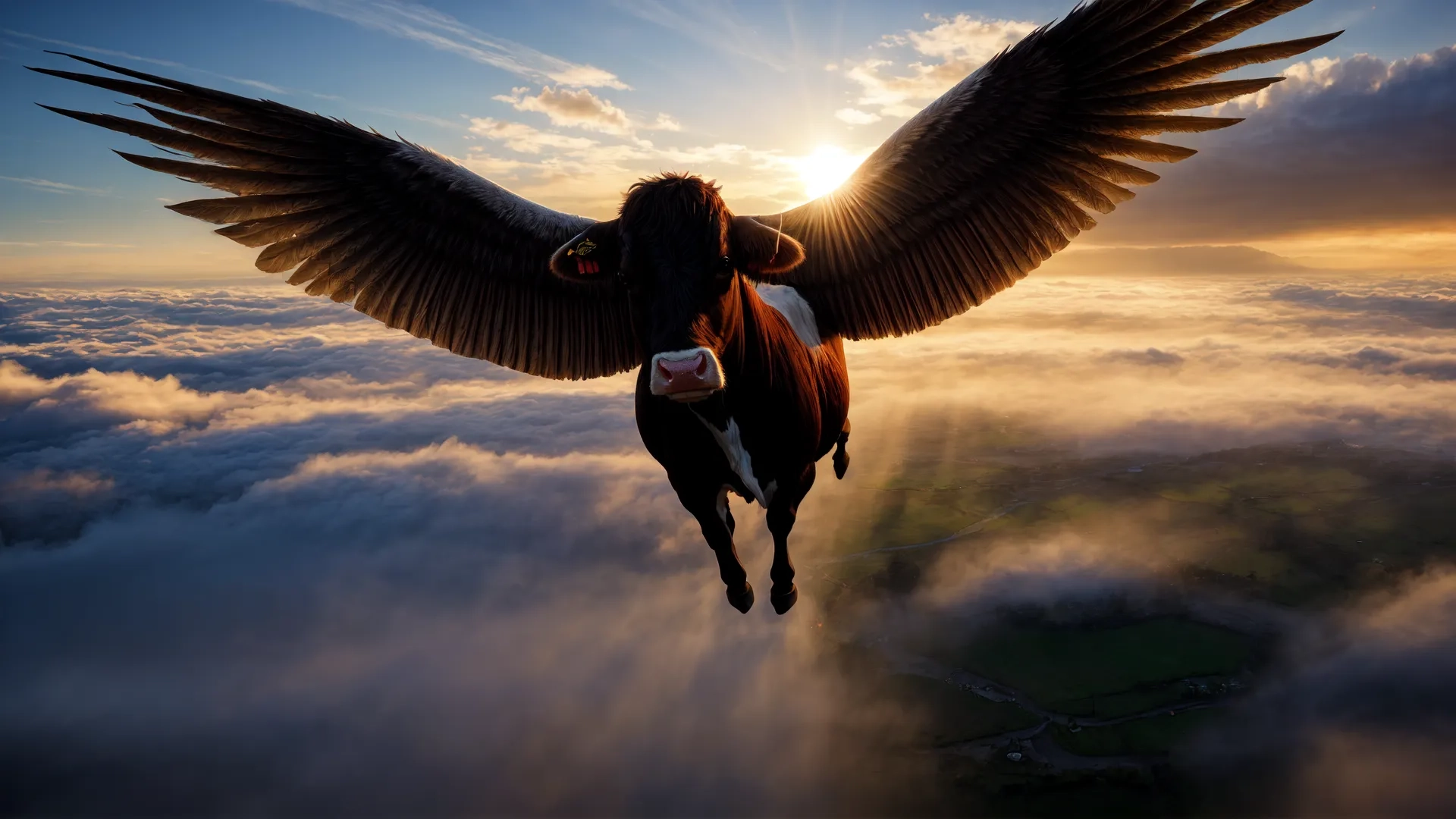 a cow with outstretched wings flying high in the sky at sunset by a grassy field and a mountain behind it and bright sky covered with clouds
