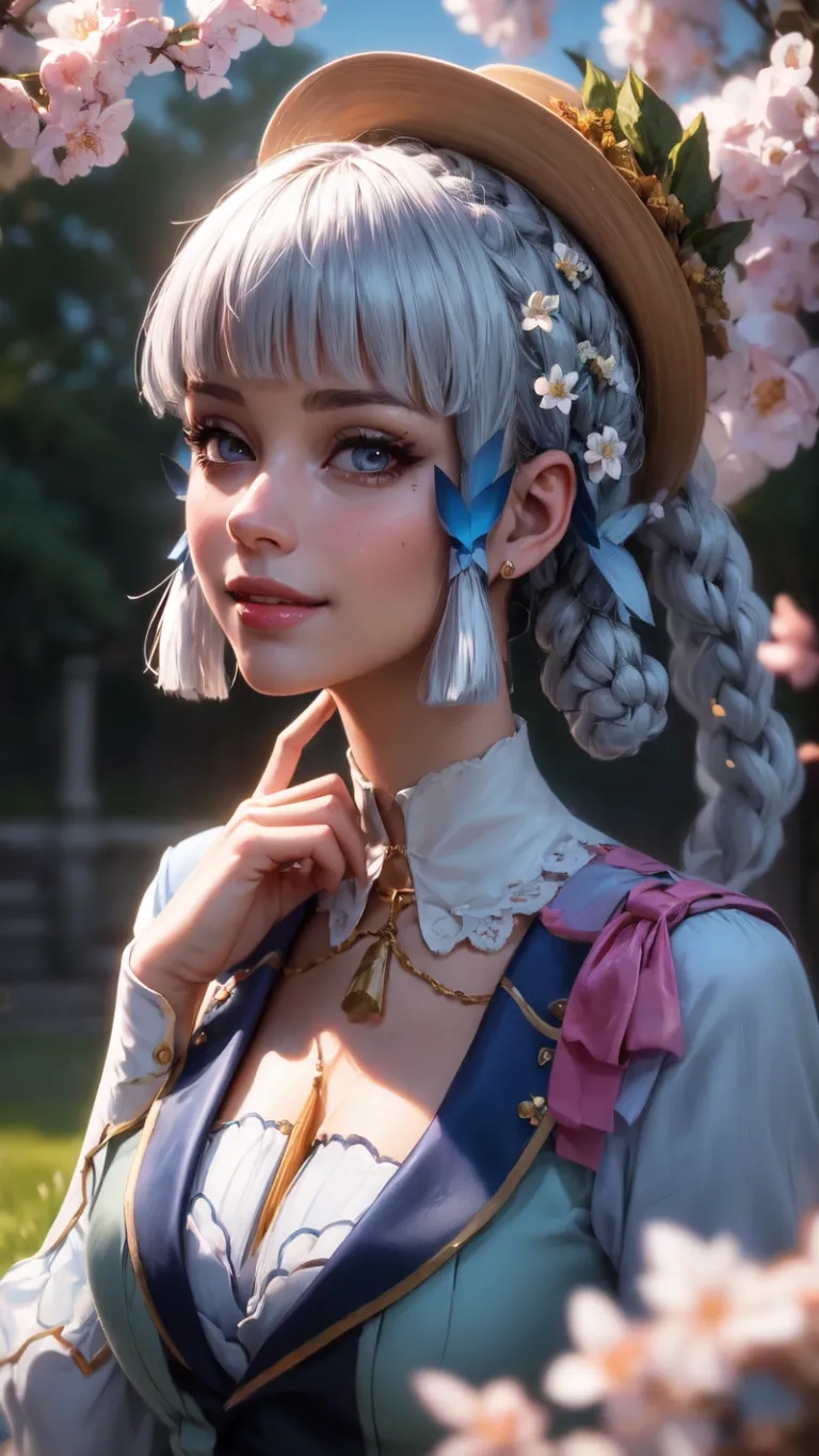 an anime - style female with long grey hair and flowered garlanding around her neck and head, wearing a beret with an open jacket while staring at the sun
