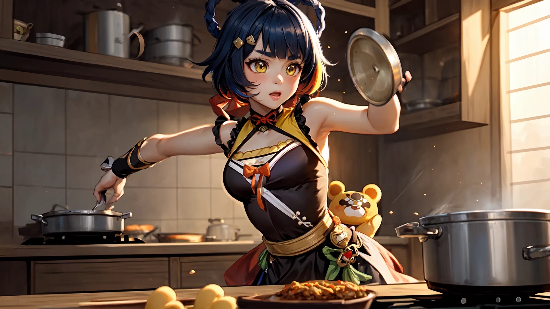 a picture of some food and the image of anime character cooking dinner with her pot of soup in the kitchen, some with other characters behind her
