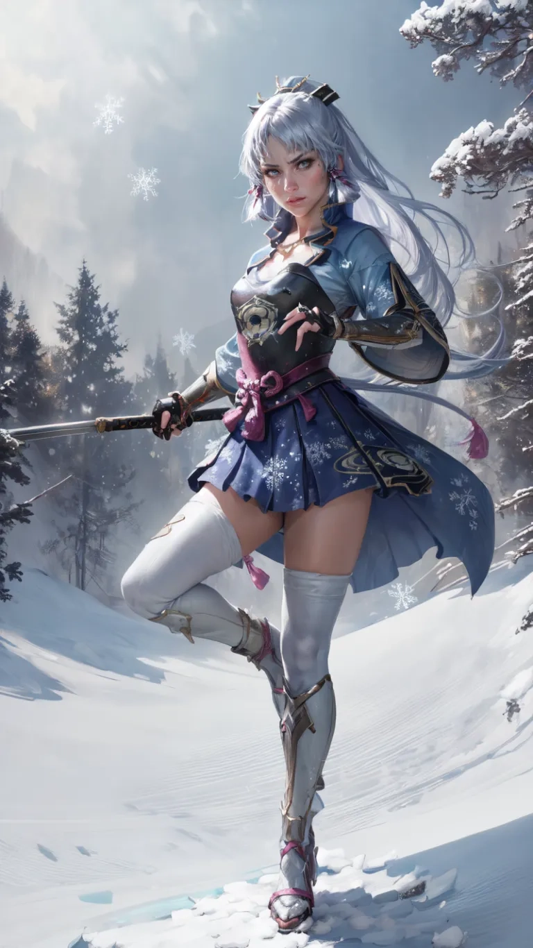 a painting with snow in the background and an outfit with a sword and armor on a snowy hill slope with trees in the background and a female character is holding a sword in front
