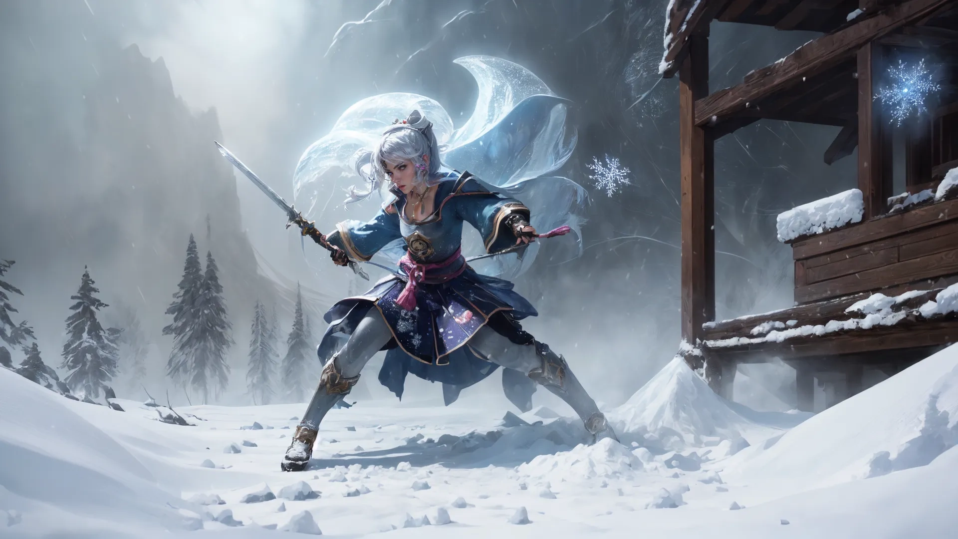 an action shot of a woman dressed as a warrior holding a sword on snow covered mountain top with wooden building and evergreen trees in background
