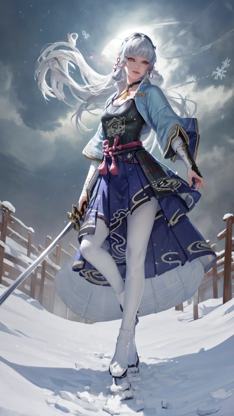 a person in snow holding a weapon in front of a wooden fence in the snow with sky full of clouds and stars above them, near a fence
