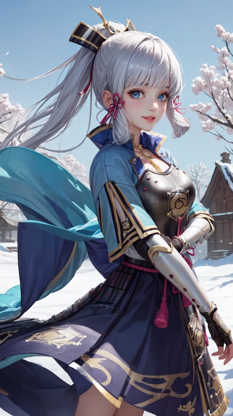 a woman standing in the snow holding a knife and looking at a bird perched high above her head wearing a sword costume, a bow, surrounded by an ornate
