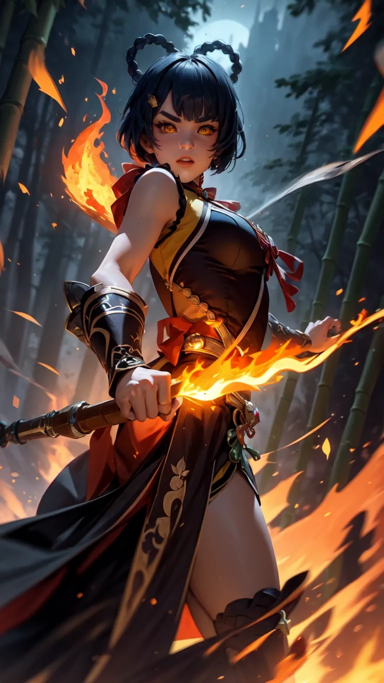 a lady in a black dress is attacking with a sword and fireballs around her legs with sparks all around her back on fire blazing flames behind
