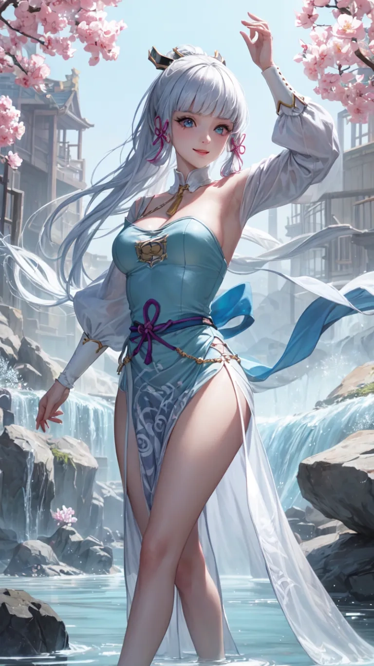 chinese girl posing on rocks with water streaming through her chest and flowing stream behind her, artwork by koo artist on devita
