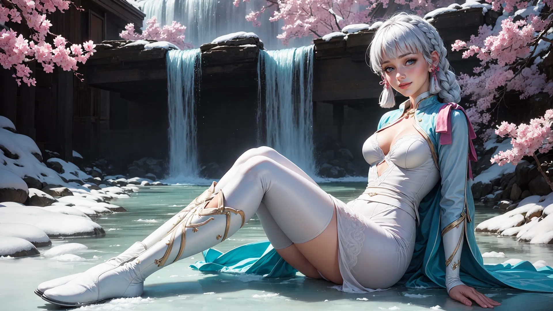 a girl in a sexy outfit is sitting in water and has blue hair, gray pants, and boots she's sitting near a waterfall
