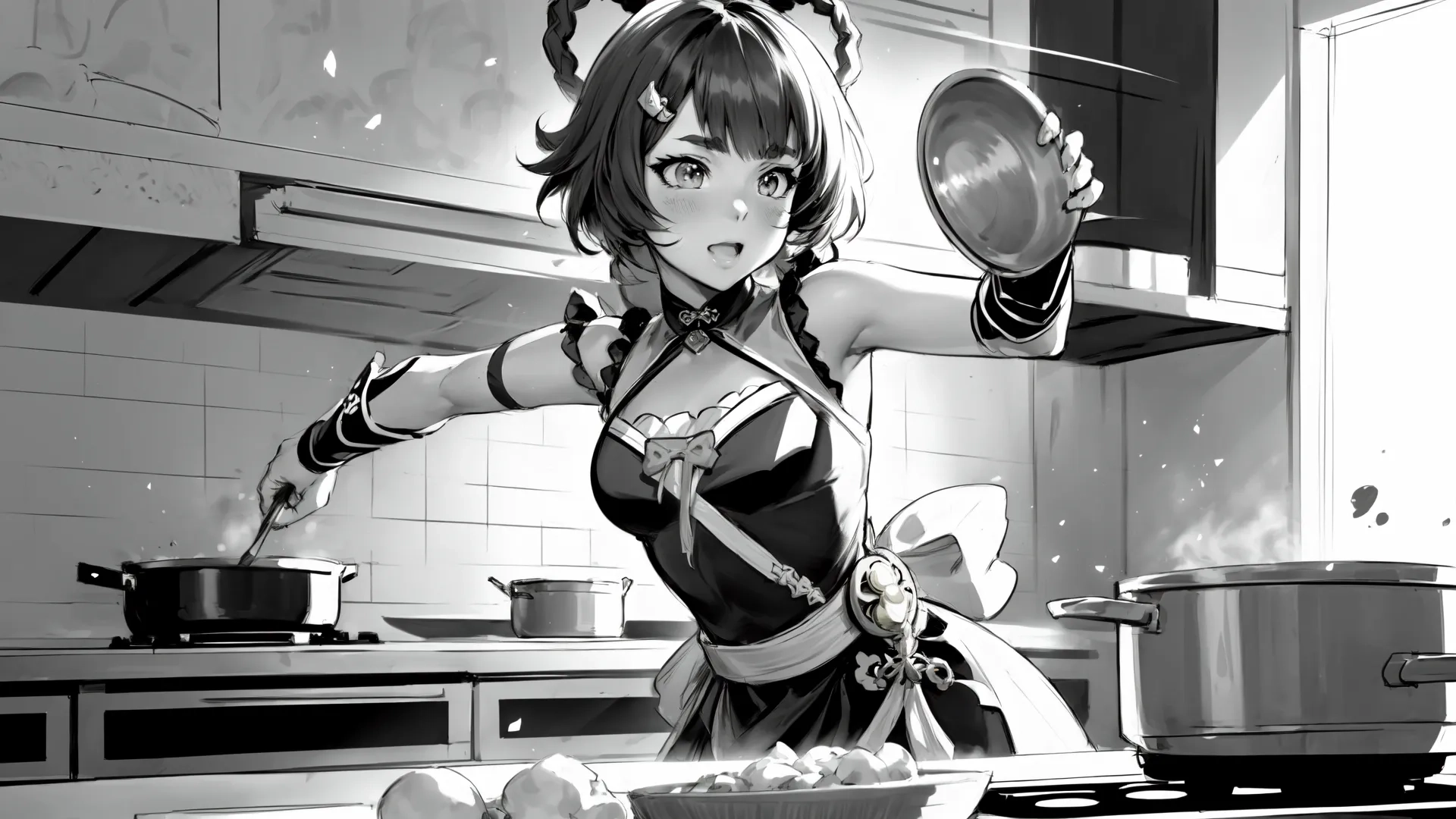 a girl cooking a meal in the kitchen while holding a large bowl full of food in her hand and another pot behind her with a kitchen utenset on it
