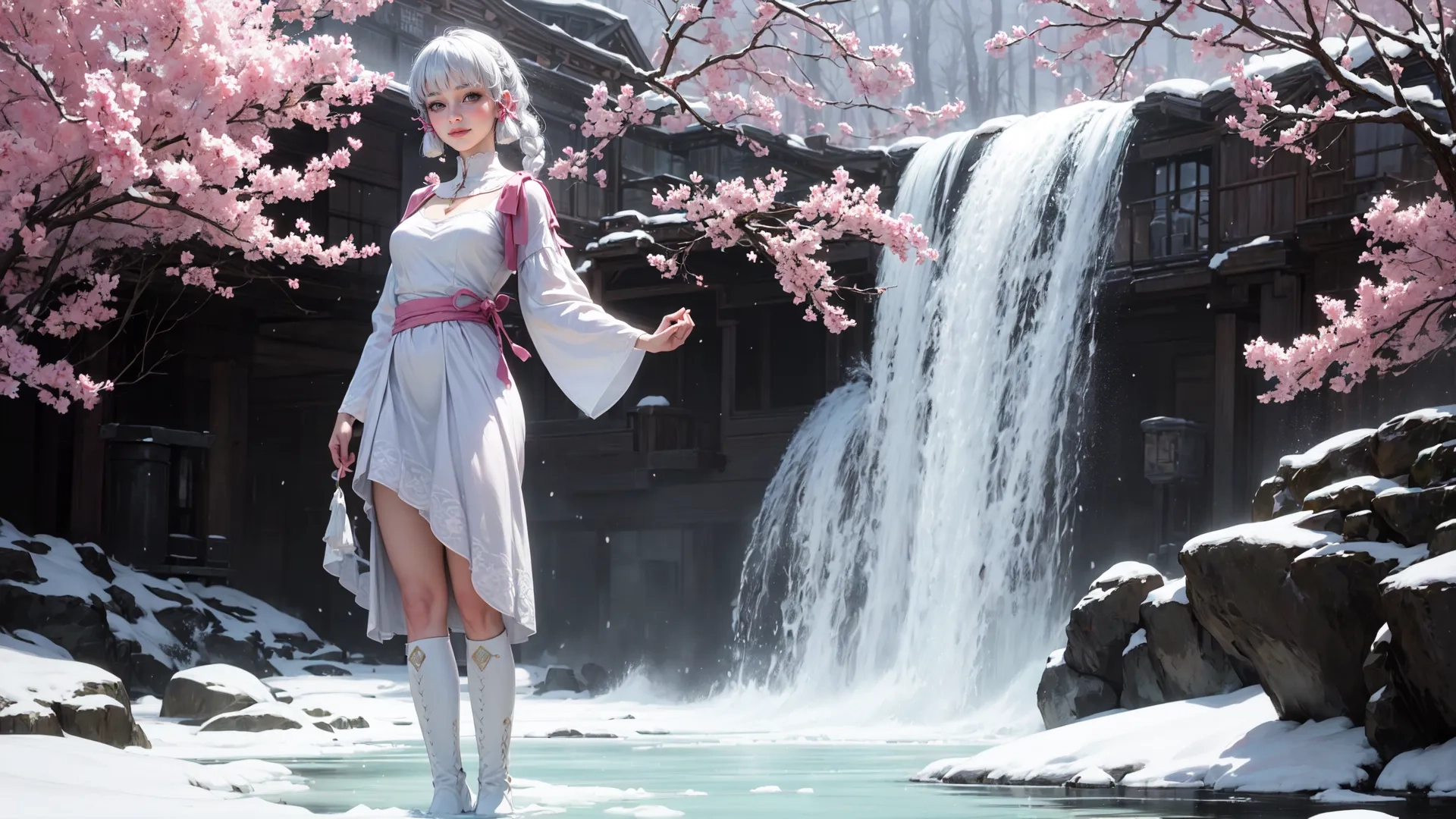 a woman standing next to a waterfall looking out at the sky in the springtime wearing white outfits by a red and pink flowered dress
