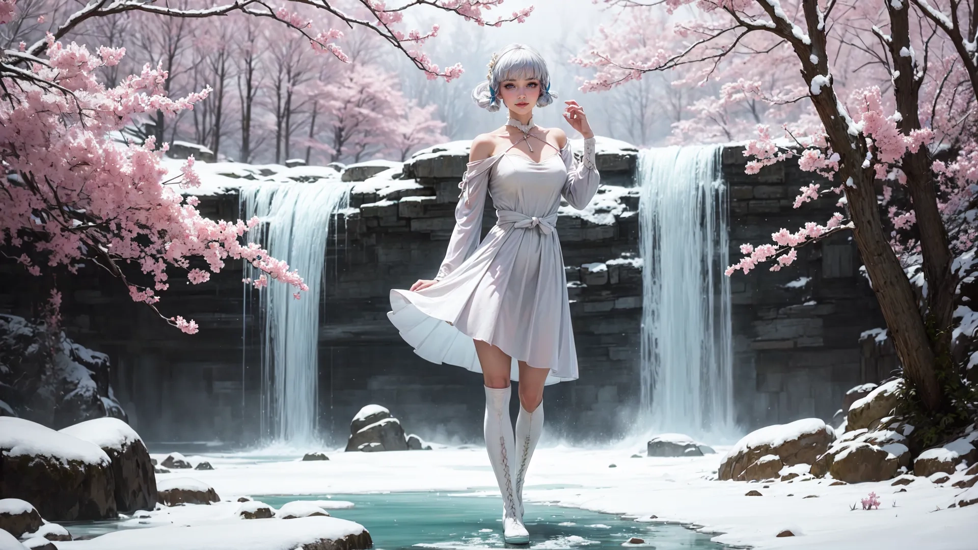 a woman in a white dress by some snow covered ground near trees and water falls with a waterfall going into the valley behind her and there is the background
