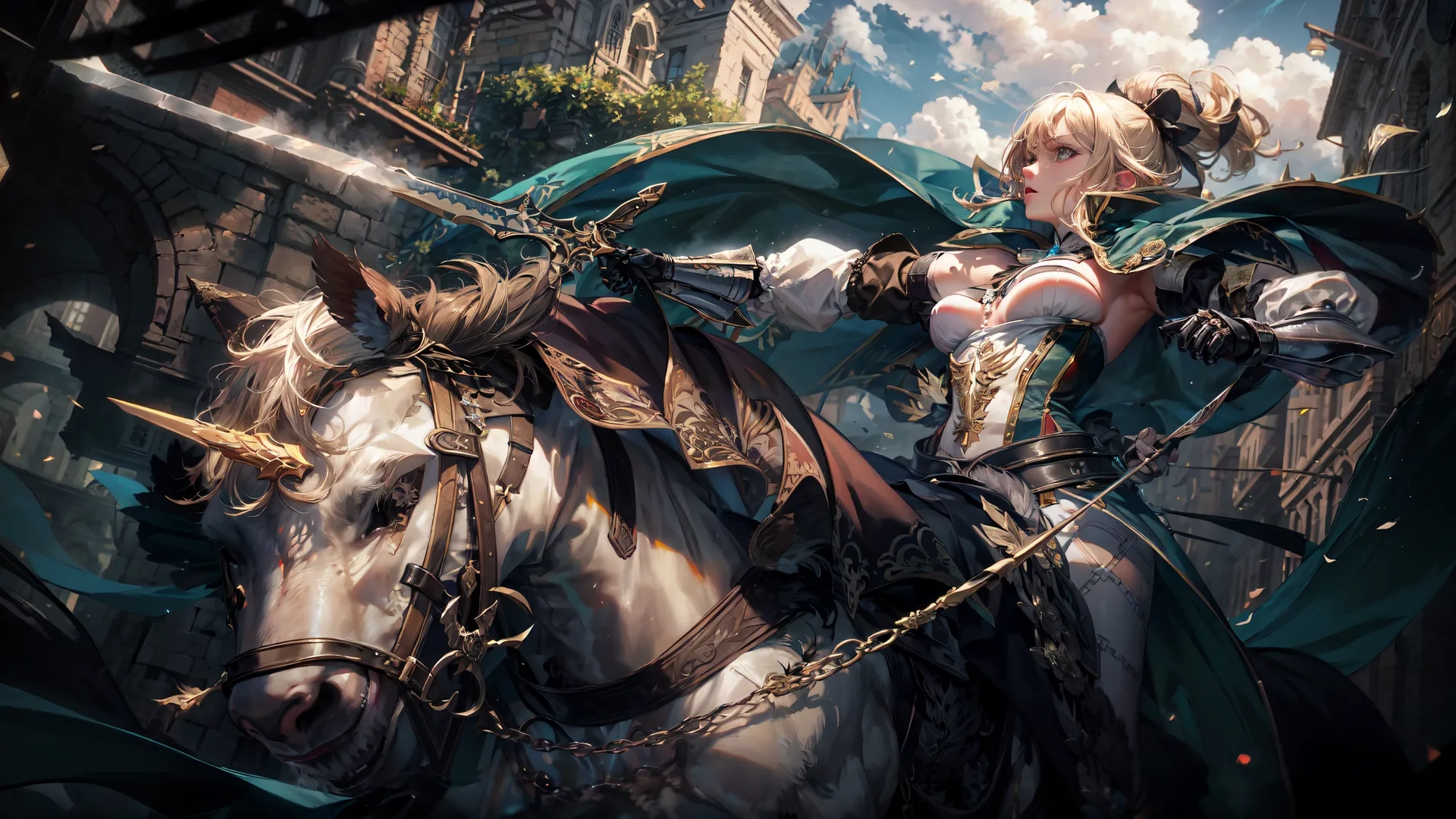 a woman with a giant green cape riding a white horse, some trees and buildings behind her, and other trees in the background and around her hand
