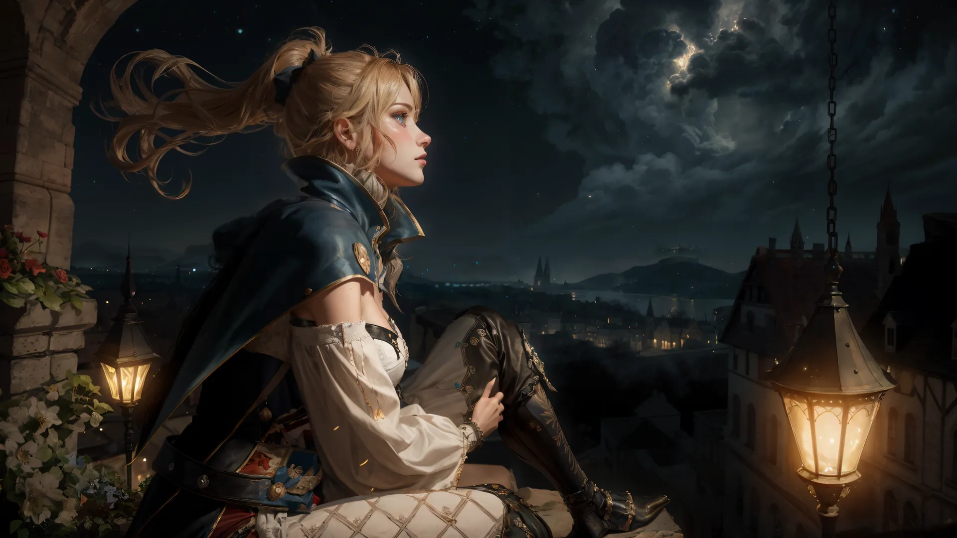 a woman in a dress sitting on a ledge with her boots off and a lantern glowing at night is in front of her and the clocktowers
