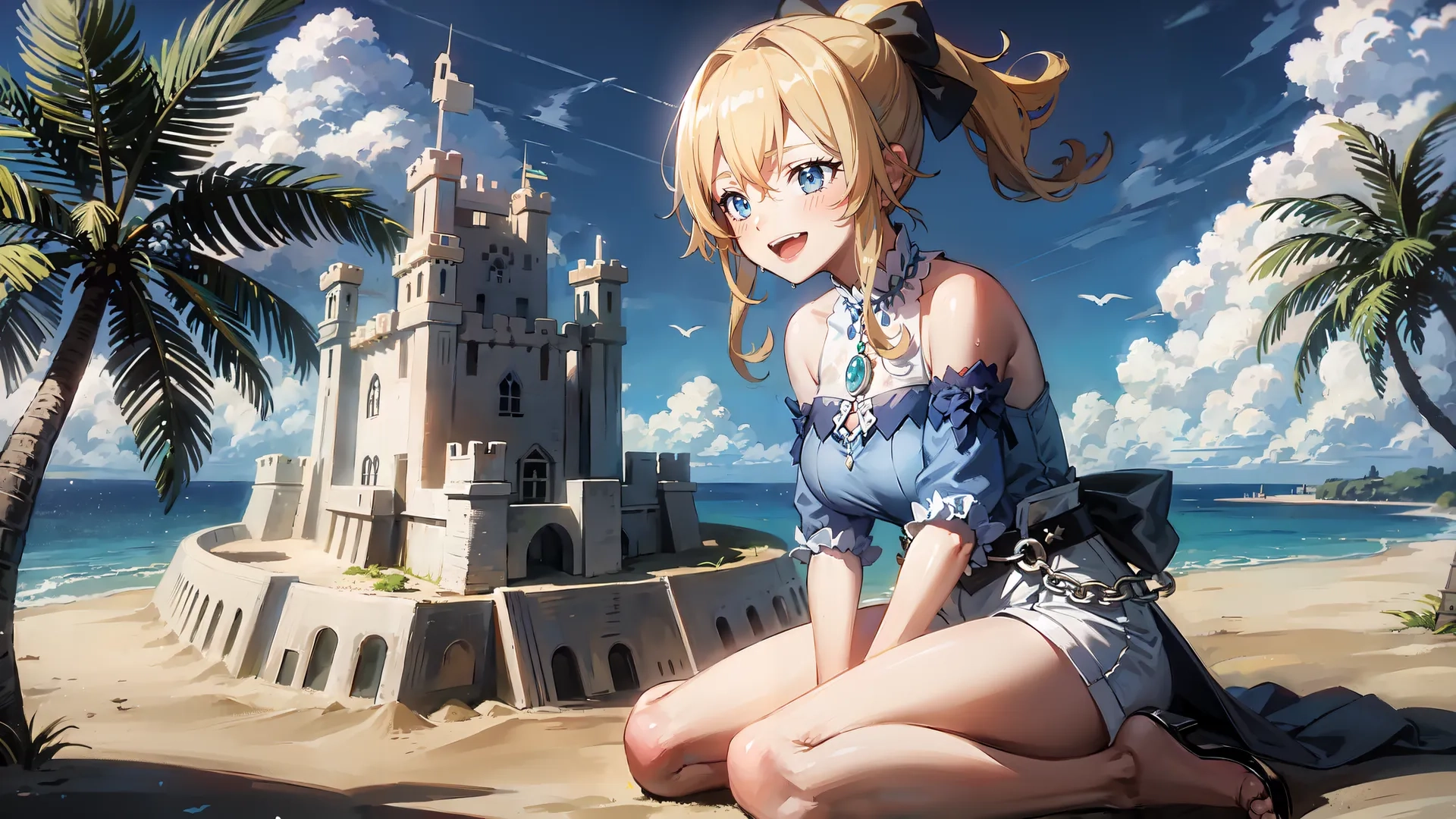 a girl sits in front of some sand sculptures looking at the ocean and palm trees, near a beach and castle while another looks like she is sitting next to them
