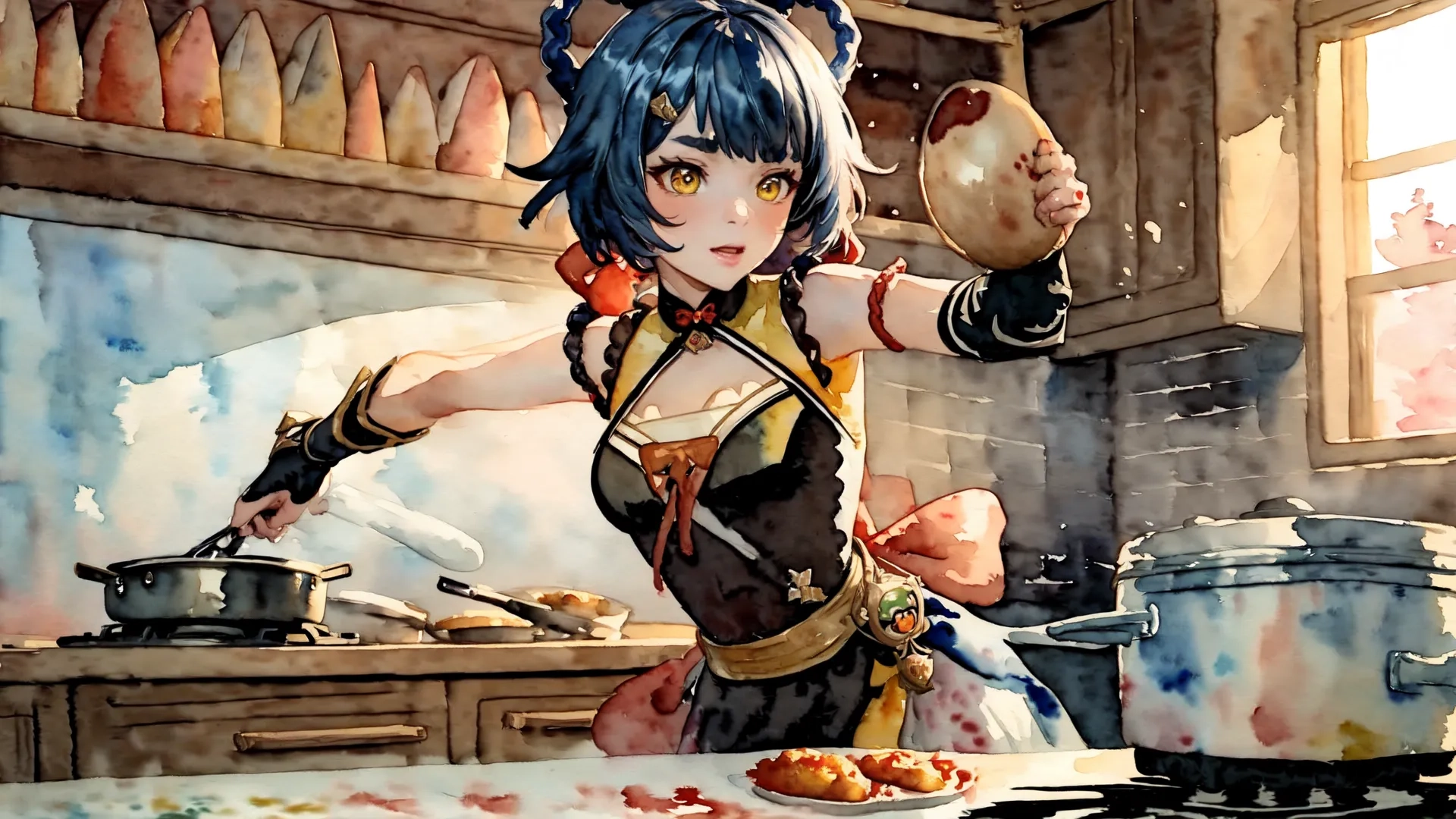 a painting of a female anime cooking in her kitchen with a pitcher and pans on the counter top above her is a cake with tomato slices

