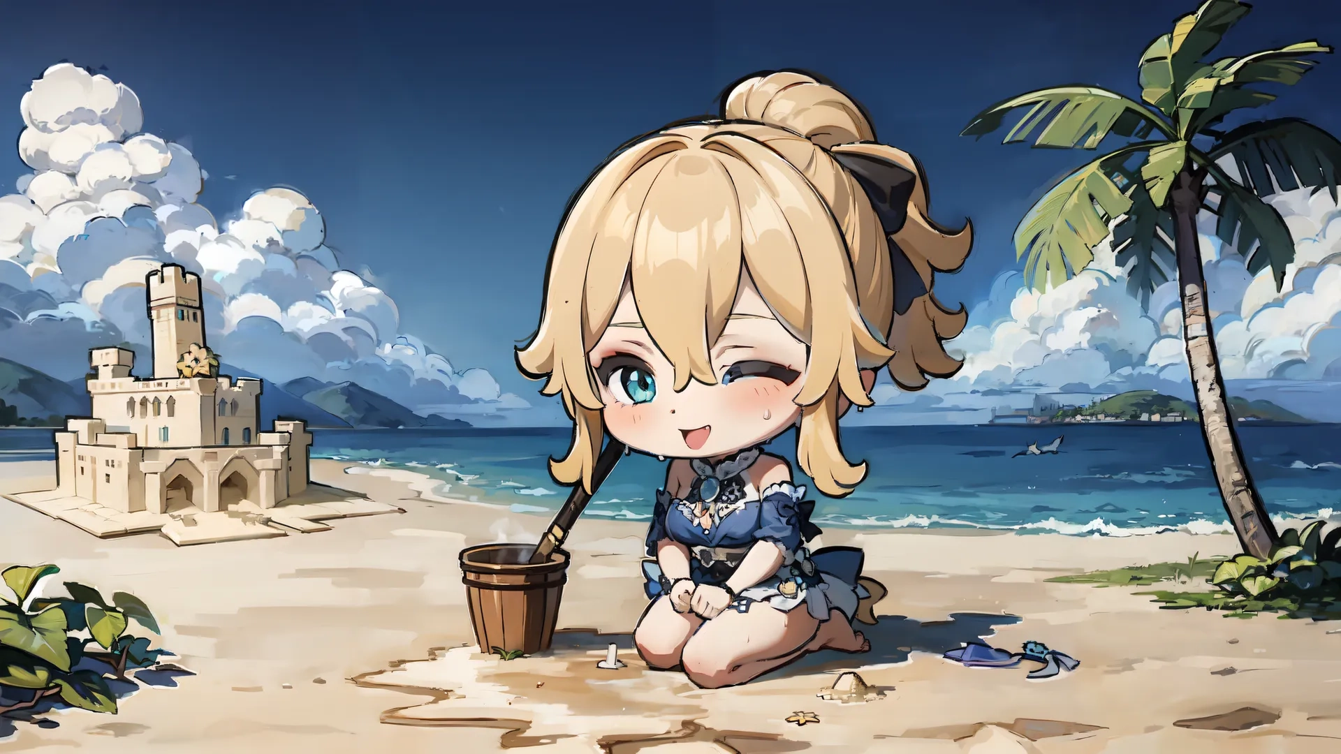 a cute little anime girl on the beach with a bucket of sand in front of a castle, with palm trees and blue sky in the background
