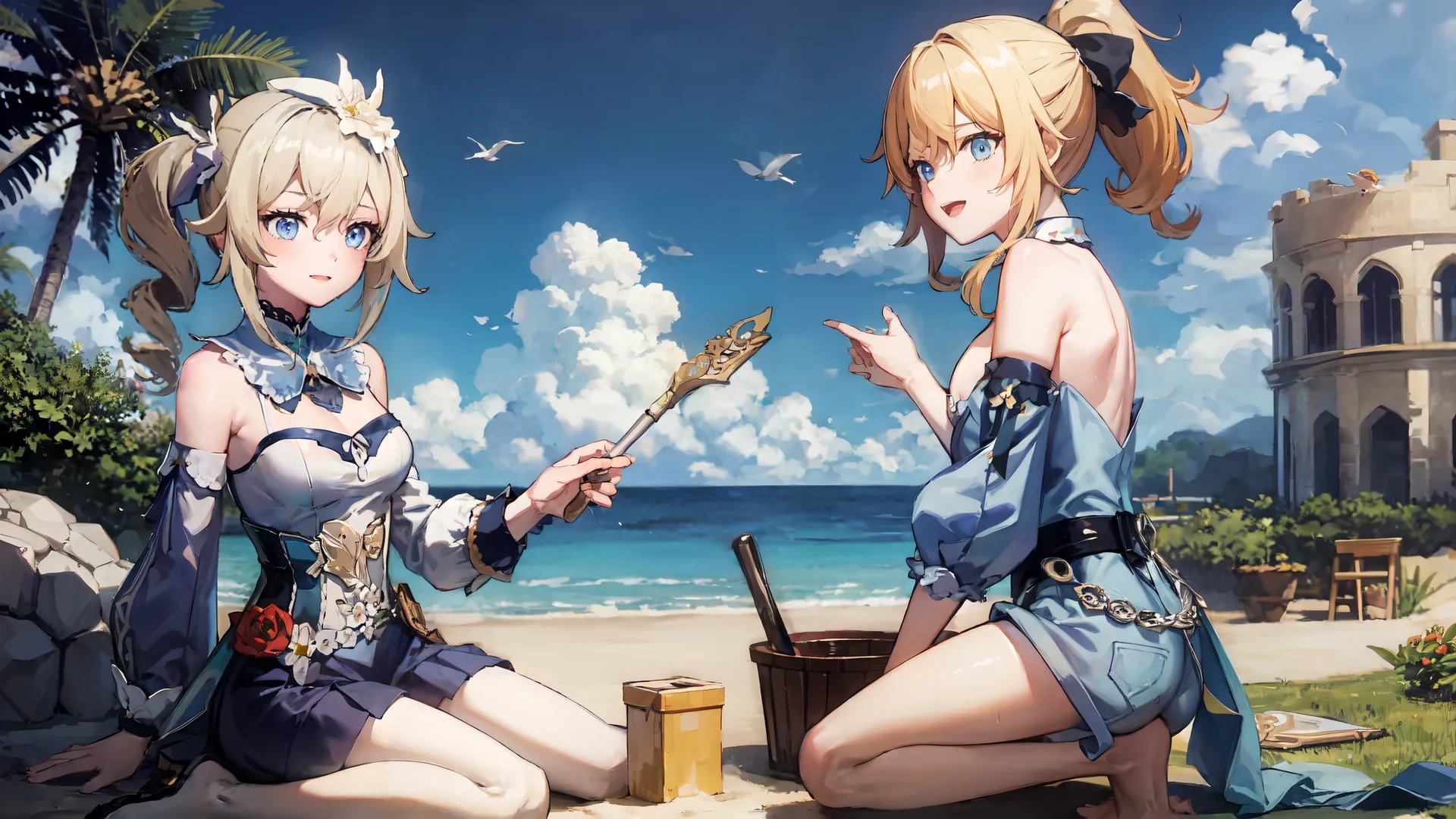 two young girls sitting on the beach of a resort beside the ocean one is holding an old toy piece and one has an arrow in her hand
