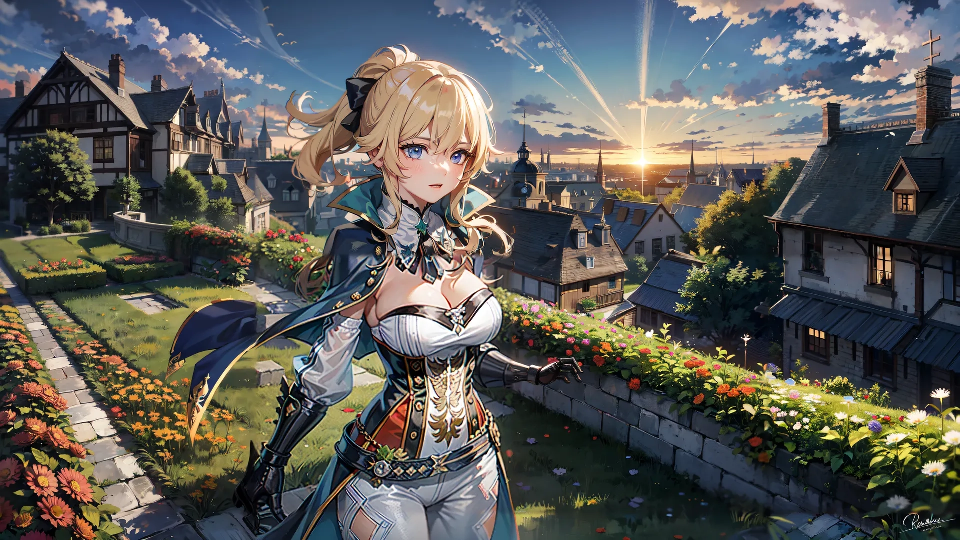 a beautiful woman holding a sword standing next to tall buildings near flowers and plants with mountains in the background in anime style style by tf

