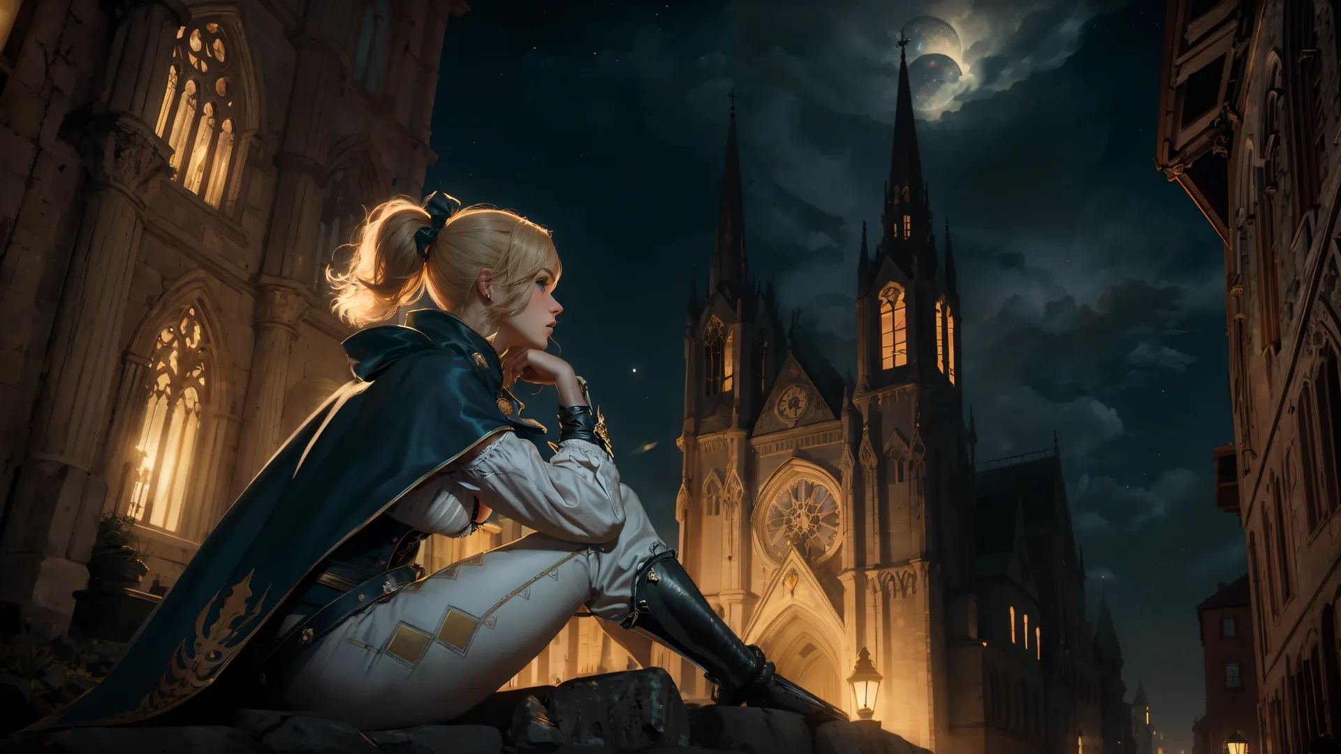 a girl with long boots sitting on a building ledge next to a church at night surrounded by large buildings and a full moon above the horizon

