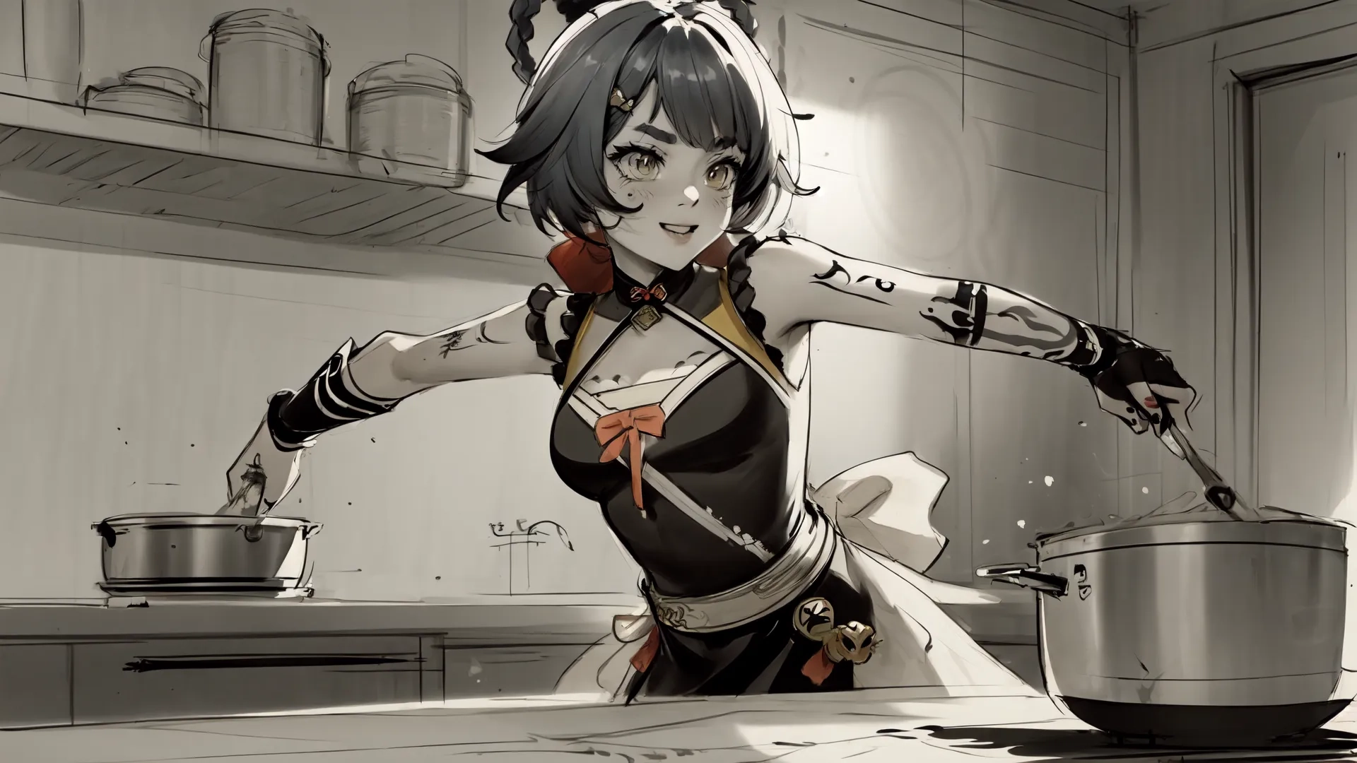 a lady that is standing next to some pots in a kitchen - colored drawing of an anime character holding a silver pot on a counter top with a saucer
