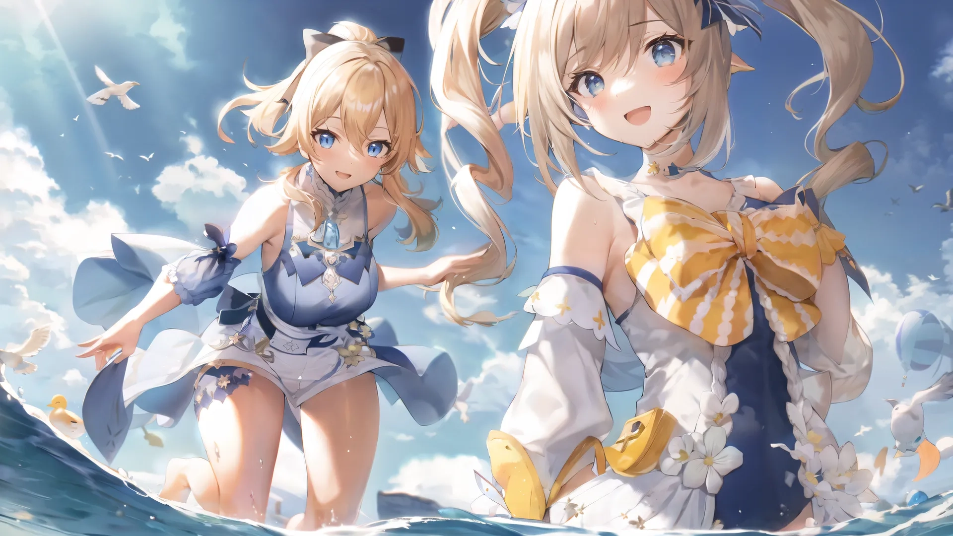two anime - style girl standing on a beach together, facing towards the camera, holding their surfboards in the ocean waves from below

