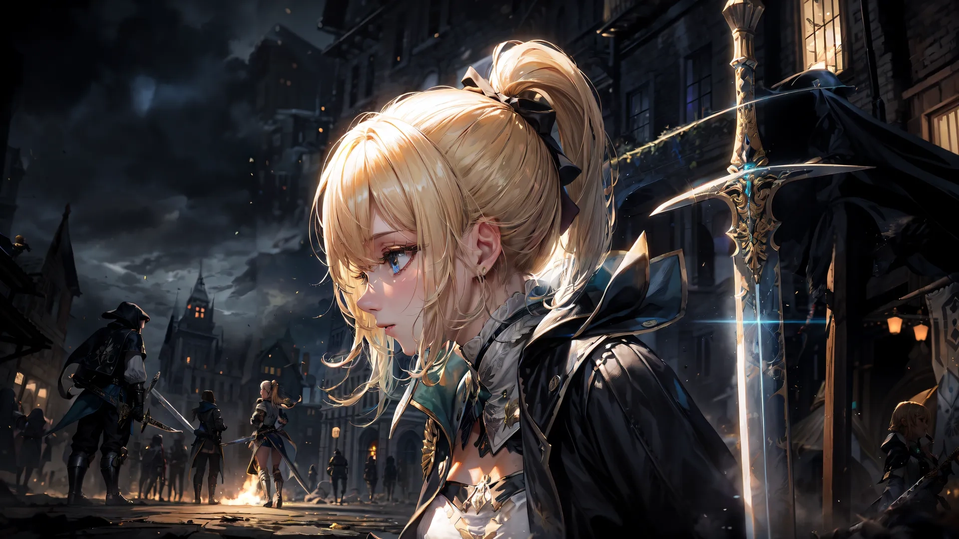 a woman with blonde hair walking in a street near a crowd of black and white people holding swords while the rain goes down on the street
