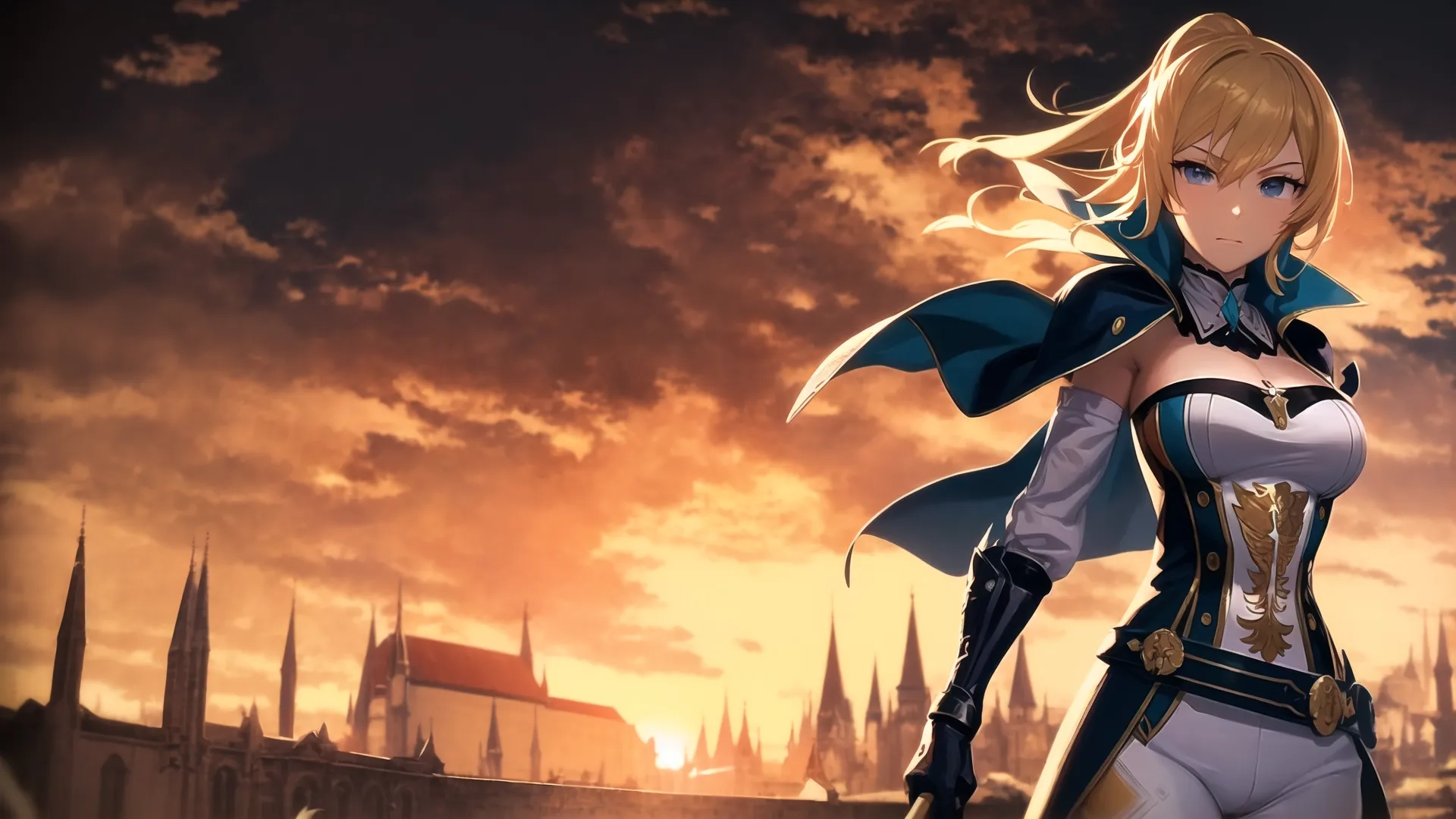 a anime girl standing in front of a castle at sunset, holding a weapon and looking at the camera with her left hand behind her is two glasses
