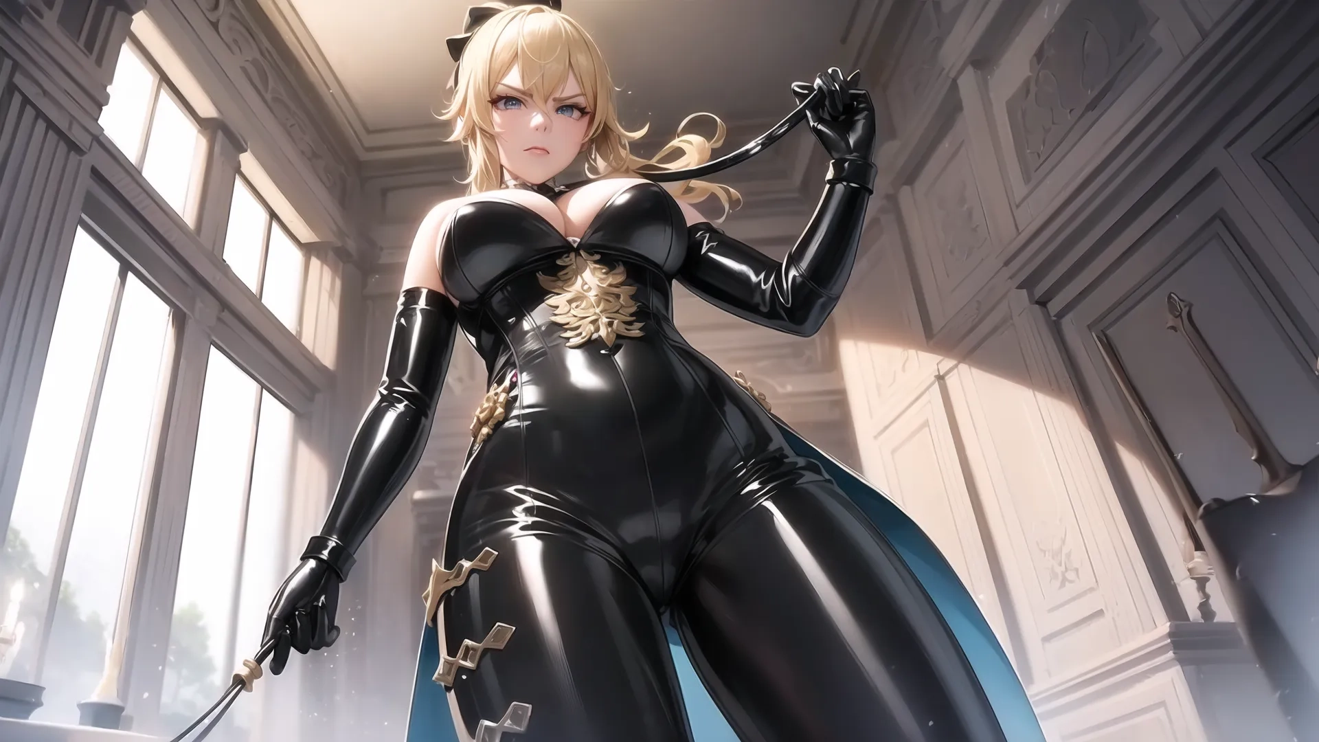 a beautiful woman in a leather outfit holding some swords and a knife while looking directly up with an overexorated wall behind her
