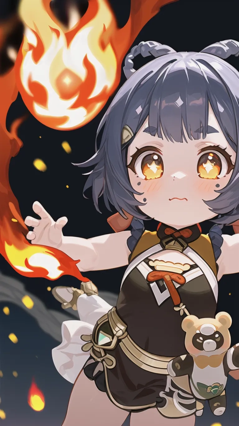 anime character with an orange fire burning behind her from the back ground above her head and hands raised with her right arm out in front of her
