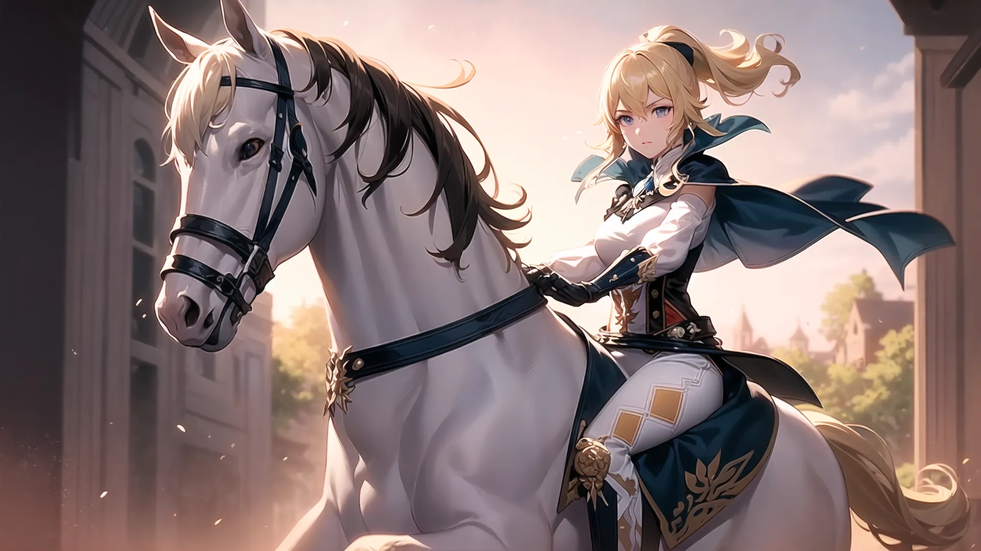 the woman in the dress of fate fortune is on the horse, going on his way to battle or return, in this illustration by a concept
