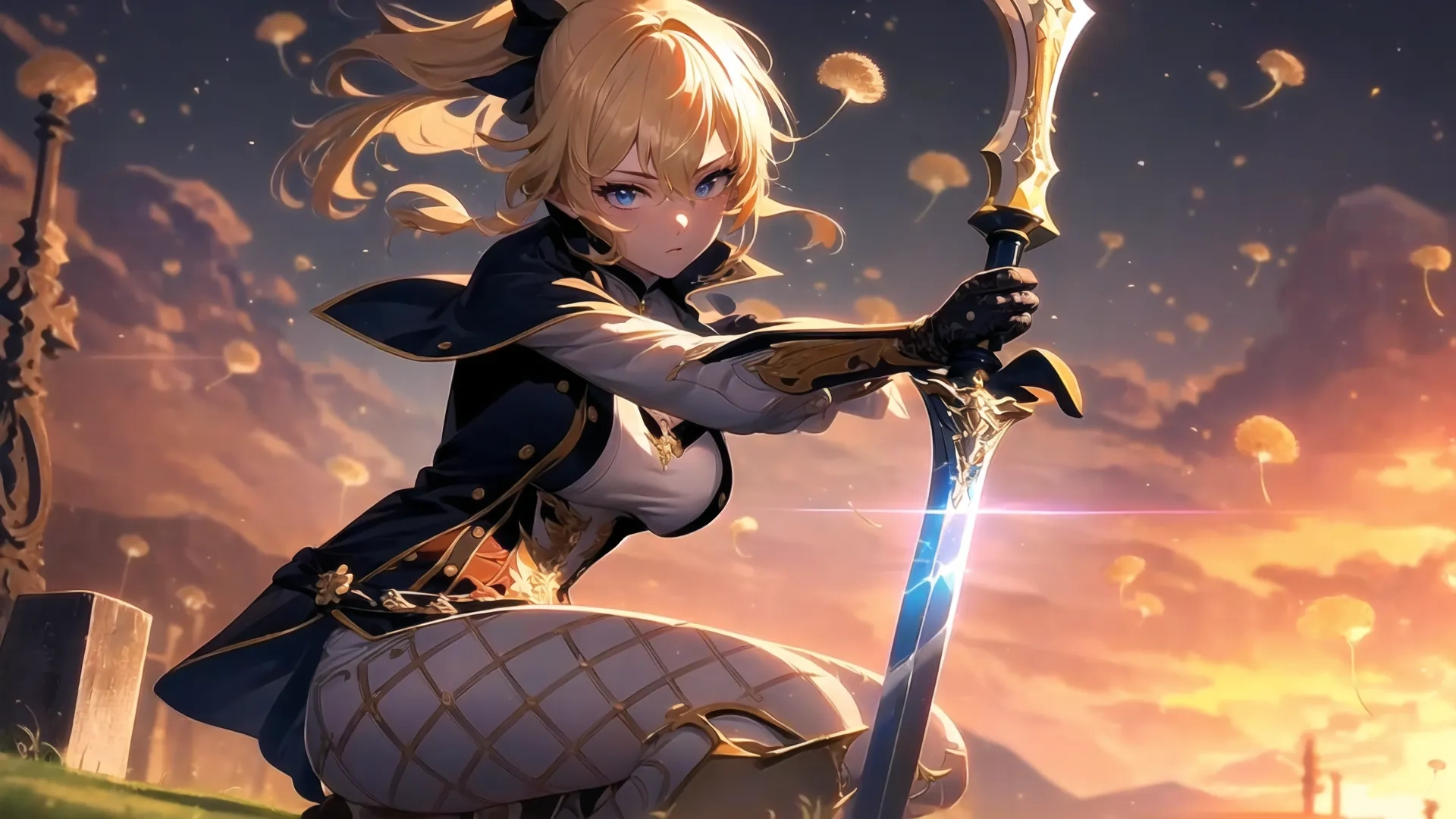 girl with a sword in her hand sitting on the ground while surrounded by stones and burning sky beyond by a mountain, sunset or sun
