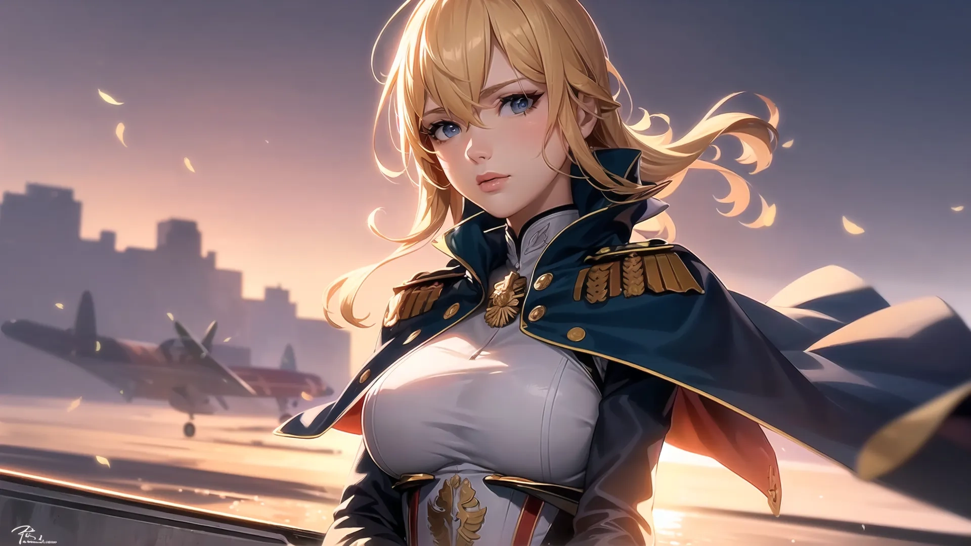 a woman with blond hair standing in front of the water and looking to a sky and holding an airplane on a city background, she wears an uniform
