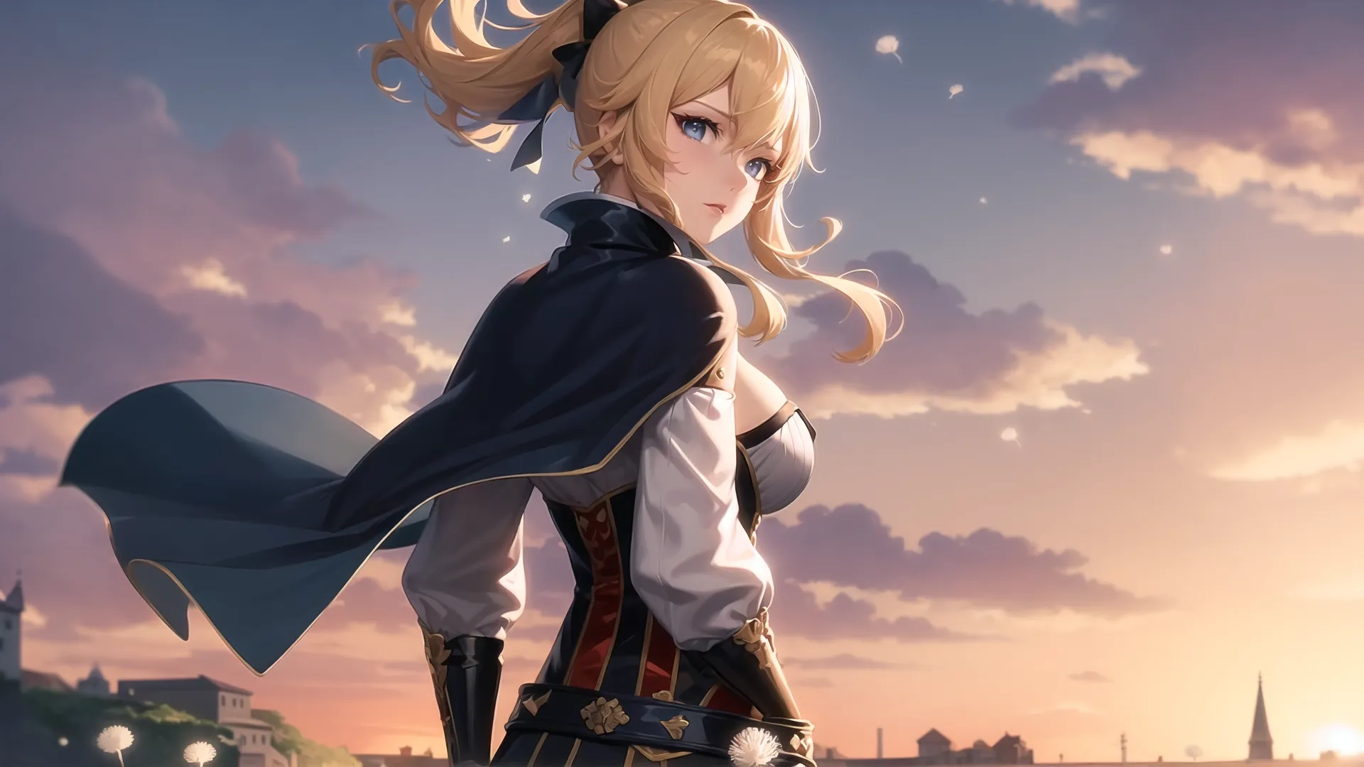 a female standing next to a city sky in a blue cape with a red cape on her arm and a long hair with a bow
