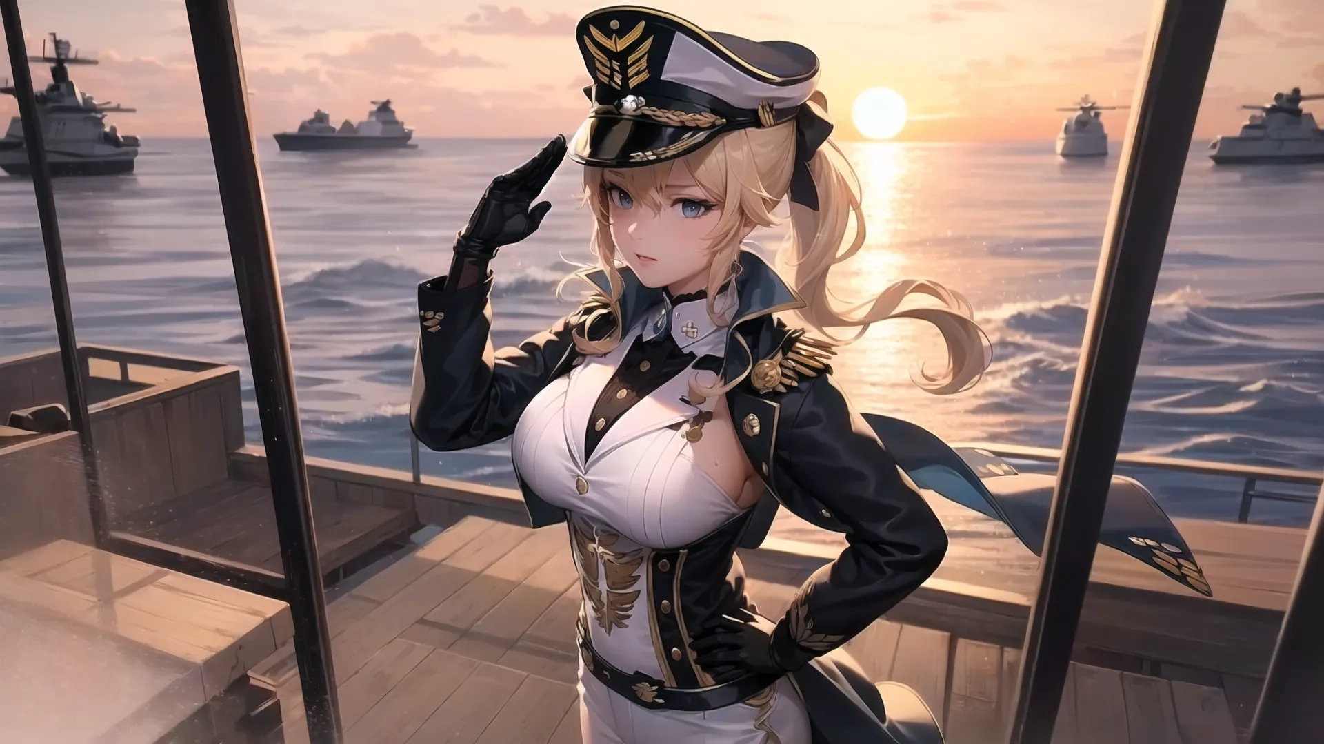 an illustration of a naval scene looking out over the ocean, where a blonde pirate girl in her blue uniform is posing with her hands on her face

