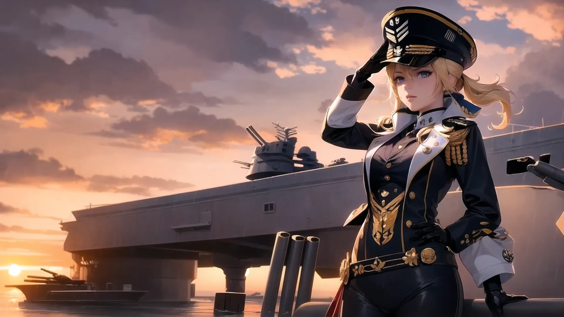 a beautiful blonde woman in sexy uniform standing on a boat with a gun on hand in front of a sunset sky with battleship in the background
