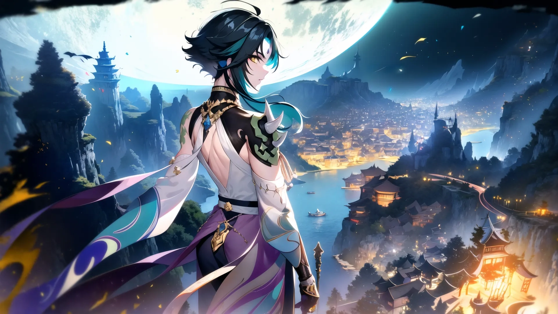 anime character holding sword against a full moon background with landscape and city lights on a hill beside her face in nighttime setting with a river behind it
