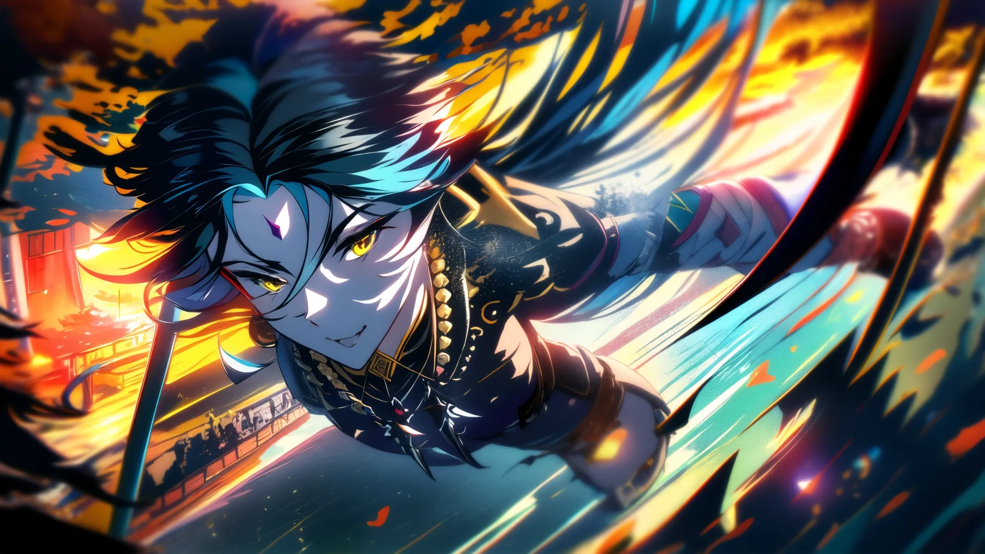 anime characters are wearing black and blue eyes, arms raised and flying a sword through the air towards the ground there is fire on the background behind him
