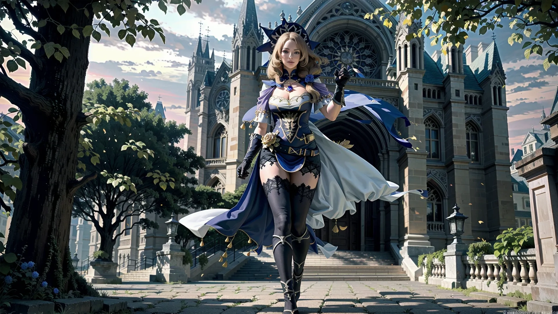 a woman in armor standing outside her home, on the ground in front of the gothic church in fantasy world, overlooking an alley entrance
