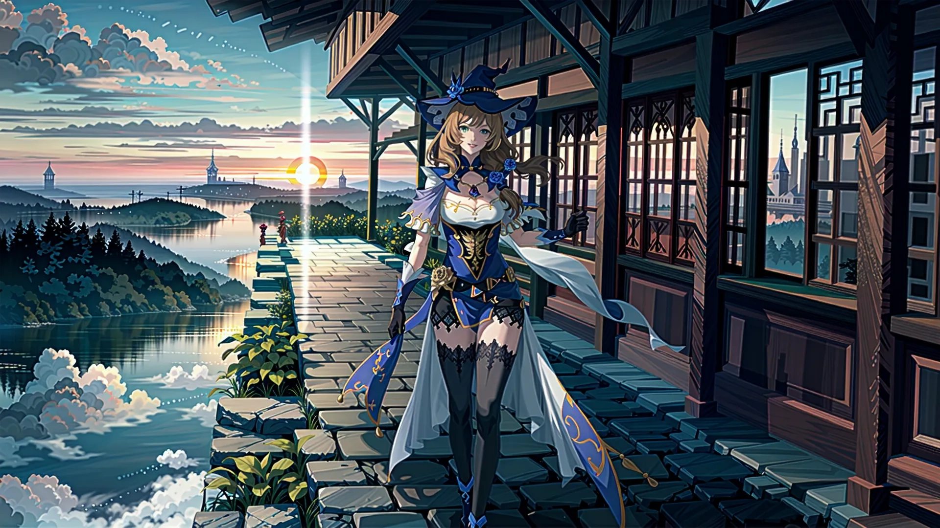 a woman holding a large sword by the river with a view of a city in the distance, with two trees around her and a house at its windows and water
