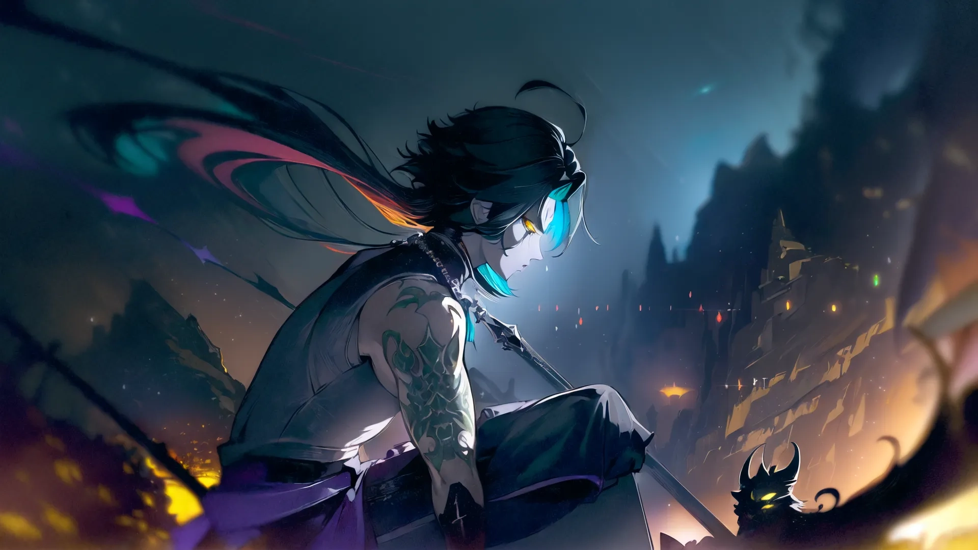 digital art of the back of a girl sitting with two cats and night cityscape in the background, including lights and fairy and smokes
