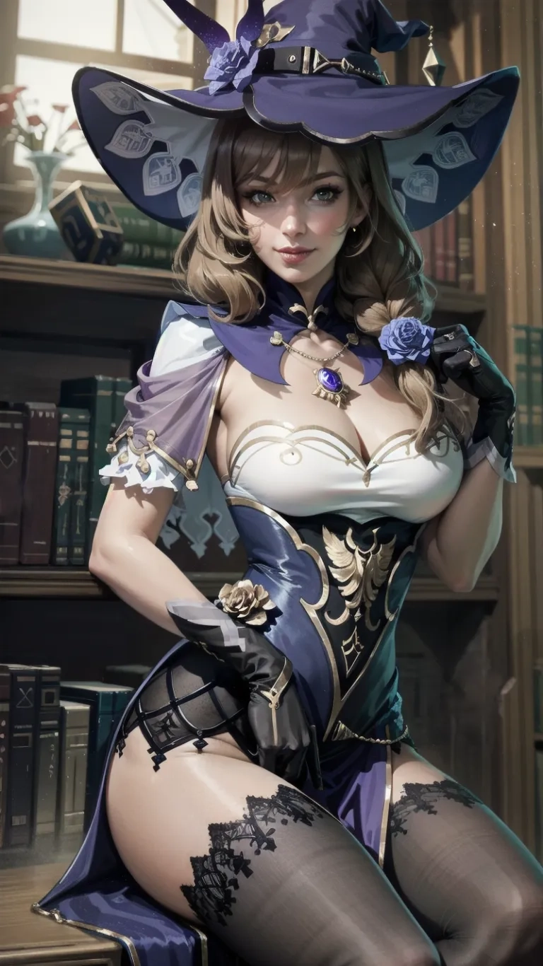 the image depicts a sexy woman wearing lingeries and hat with books in background with curtains - style windows on bookshelf behind her
