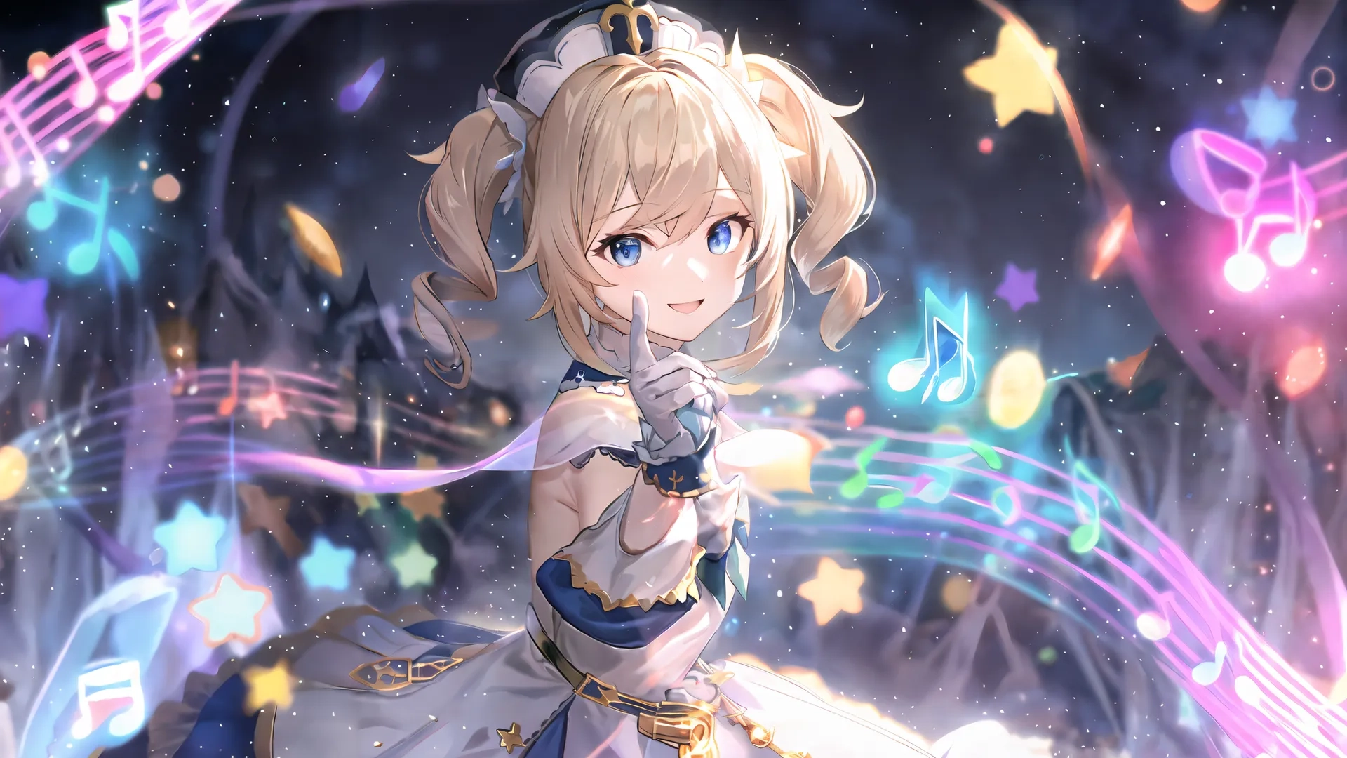a vocal recording anime game with a girl in the background posing for a photo with musical notes surrounding her and stars in the sky behind them
