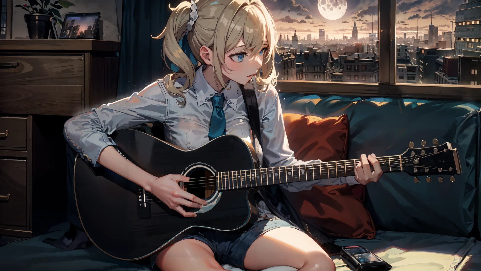 a young female playing guitar and wearing all black in an asian style setting with a city backdrop above her headband and a bright moon in the distance
